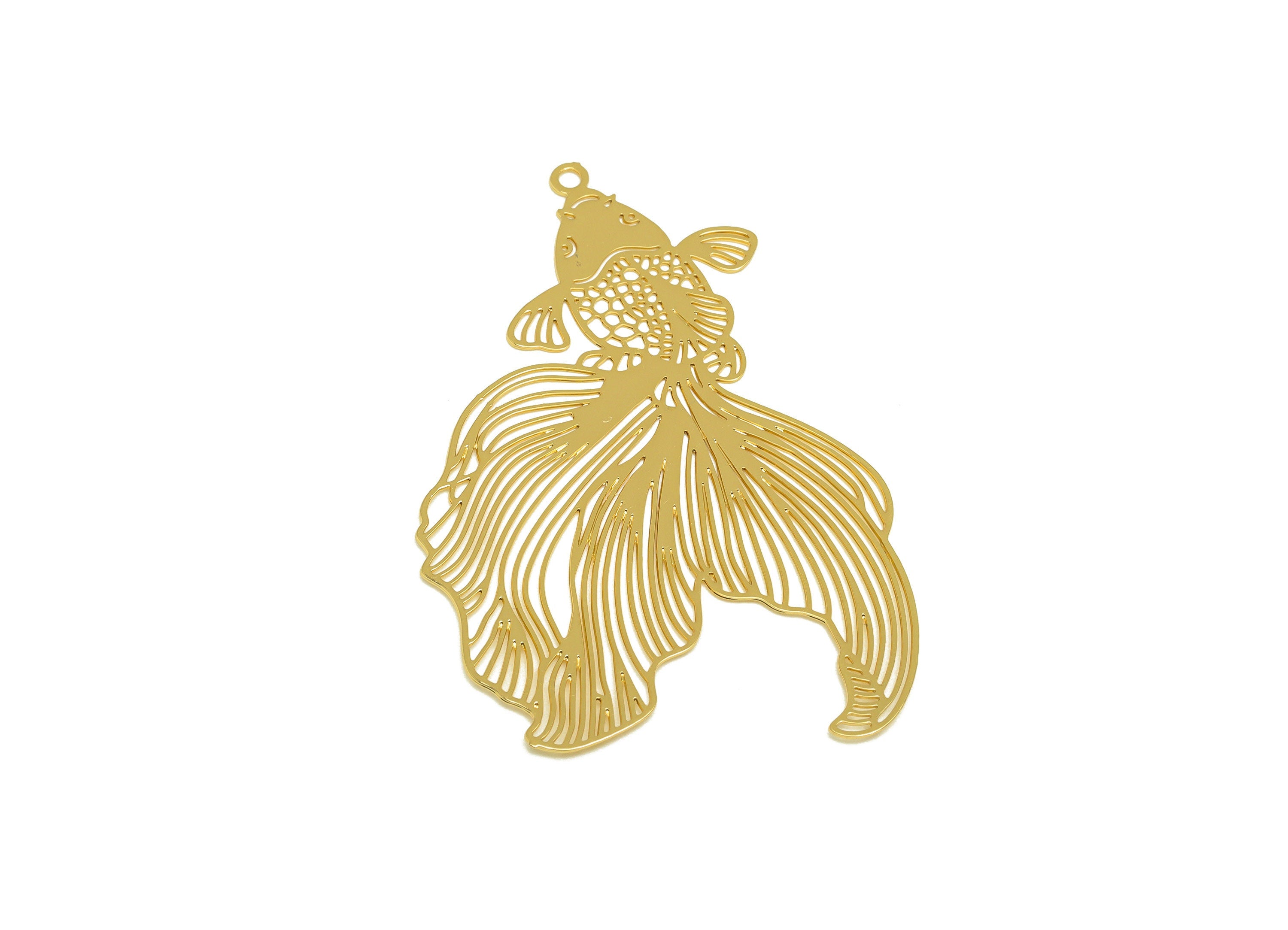 Brass Fish Earring Charm - Brass Hollow Fish Earring Charm - Brass Goldfish Pendant - 18K Real Gold Plating - 41x25.71x0.29mm - RGP7153 - DOMEDBAZAAR