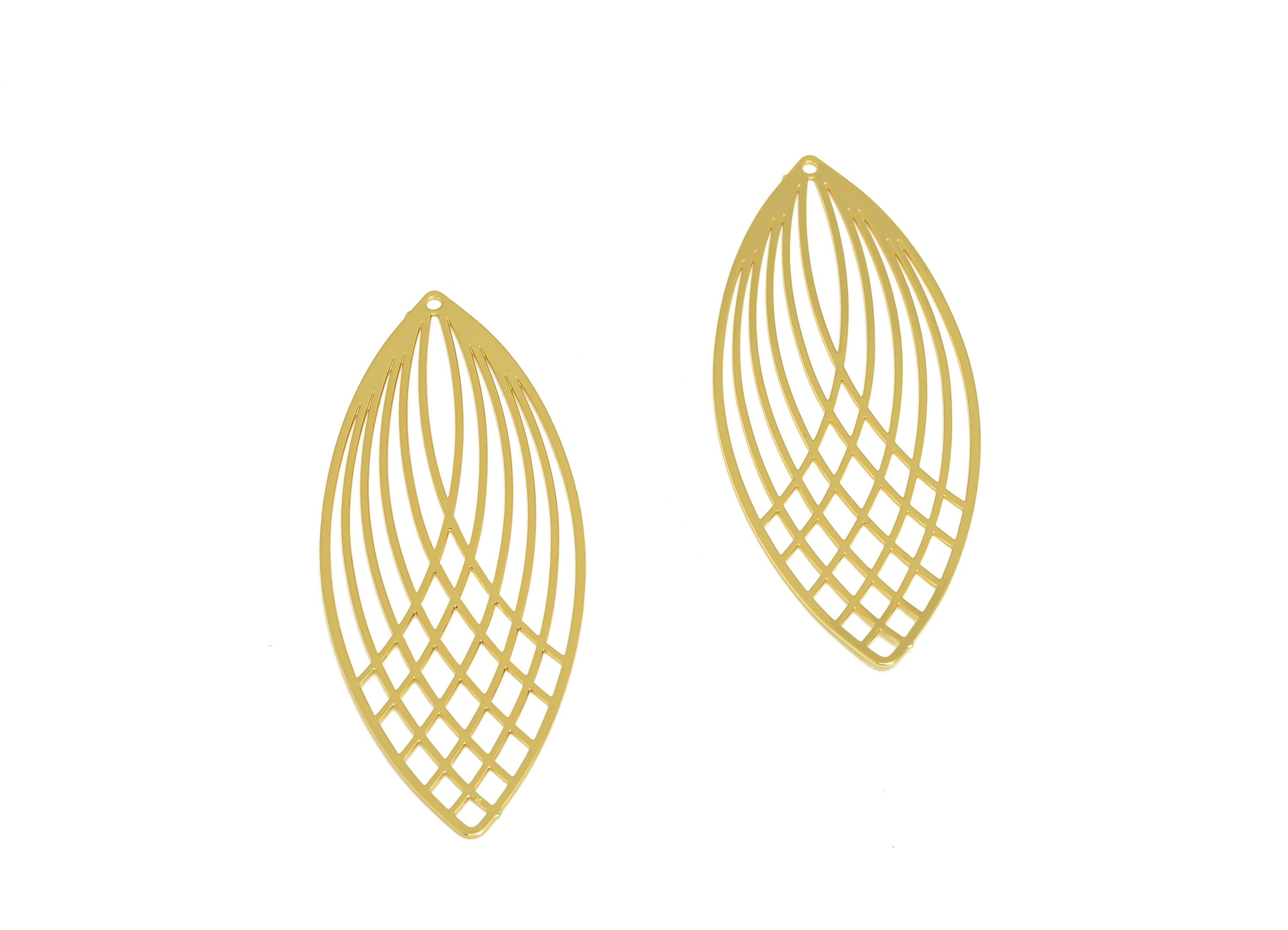 Brass Marquise Earring Charm - Brass Hollow Geometry Earring Charm - Brass Textured Pendant - 18K Real Gold Plating - 55x21x0.36mm - RGP7143 - DOMEDBAZAAR