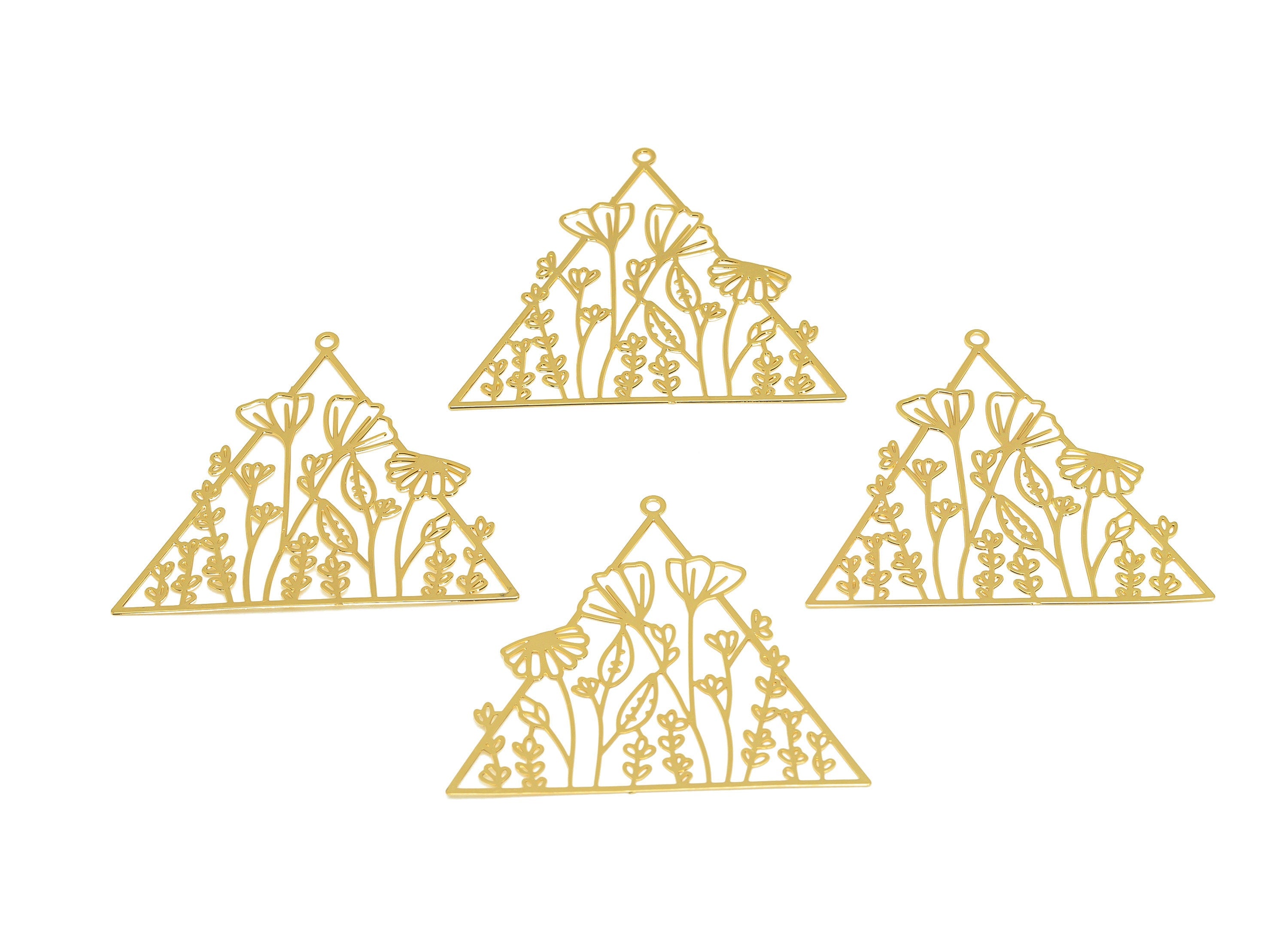 Brass Triangle Earring Charm - Brass Hollow Geometry Earring Charm - Brass Flower Pendant - 18K Real Gold Plating - 37x42x0.32mm - RGP7143 - DOMEDBAZAAR