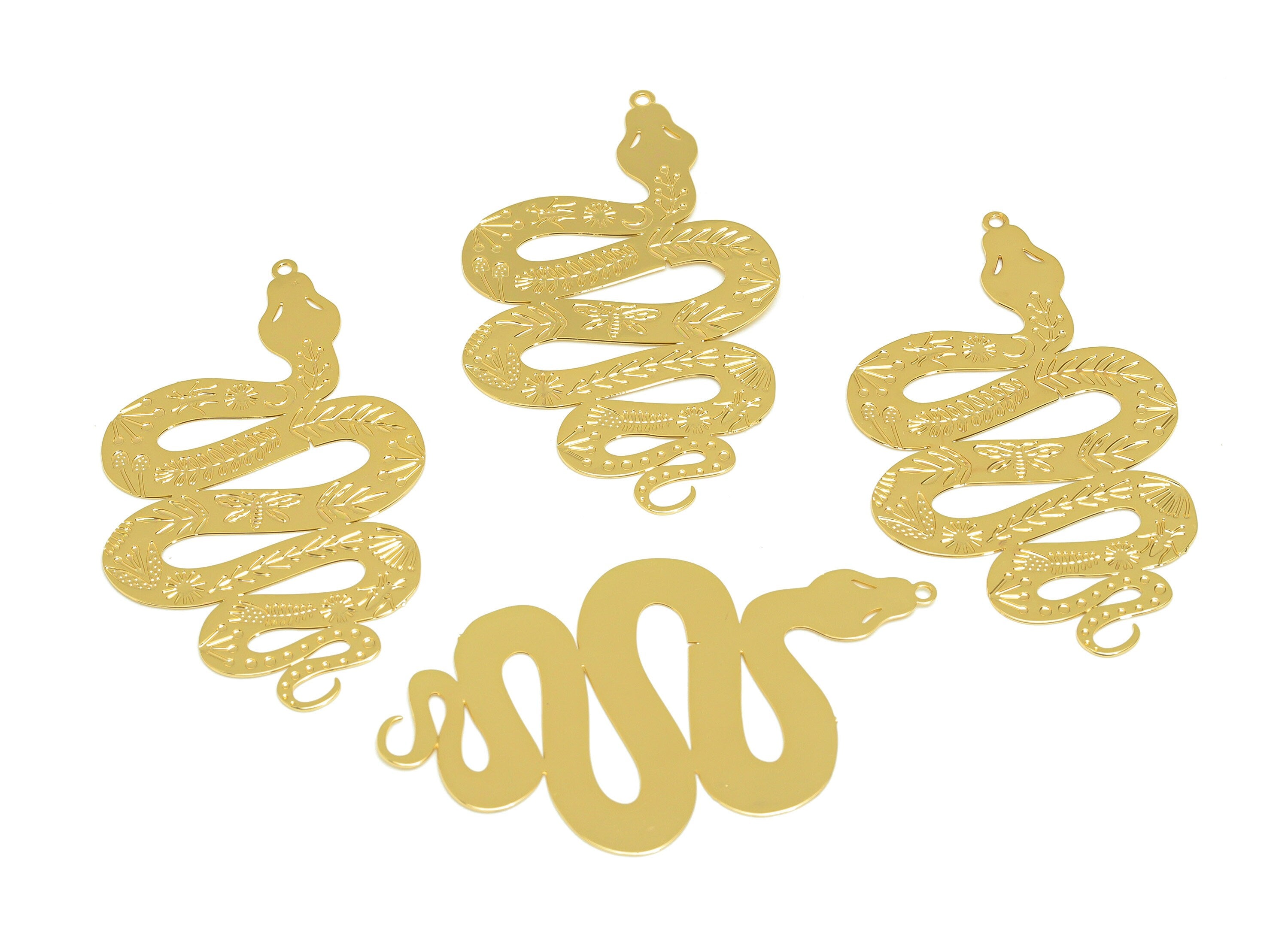 Brass Snake Earring Charm - Brass Pattern Snake Earring Charm - Brass Lotus Snake Pendant - 18K Real Gold Plating - 50x30x0.41mm - RGP7145 - DOMEDBAZAAR