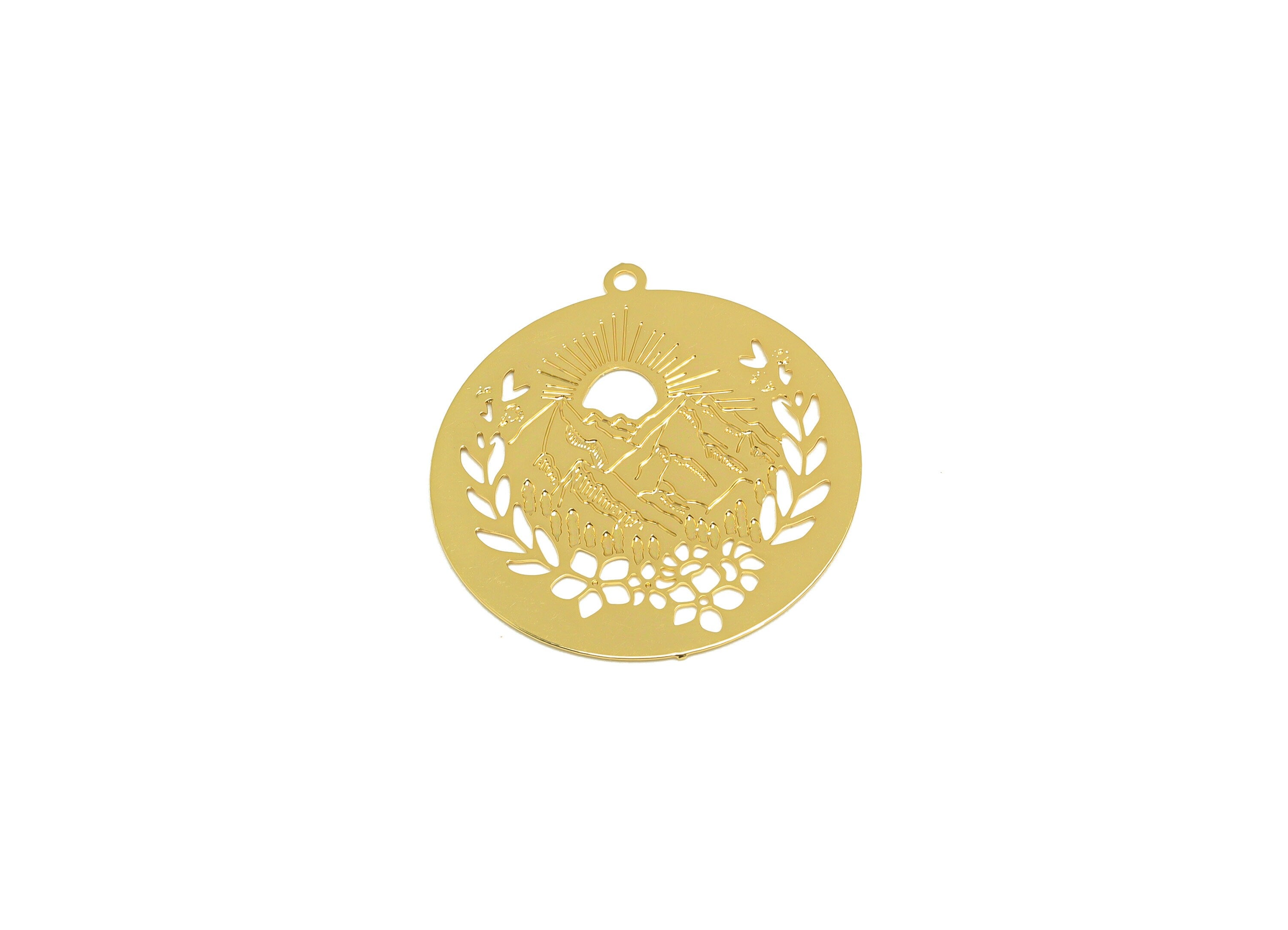 Brass Round Earring Charm - Brass Sunshine Mountain Earring Charm - Brass Botanical Pendant - 18K Real Gold Plating - 25x24x0.31mm - RGP7148 - DOMEDBAZAAR