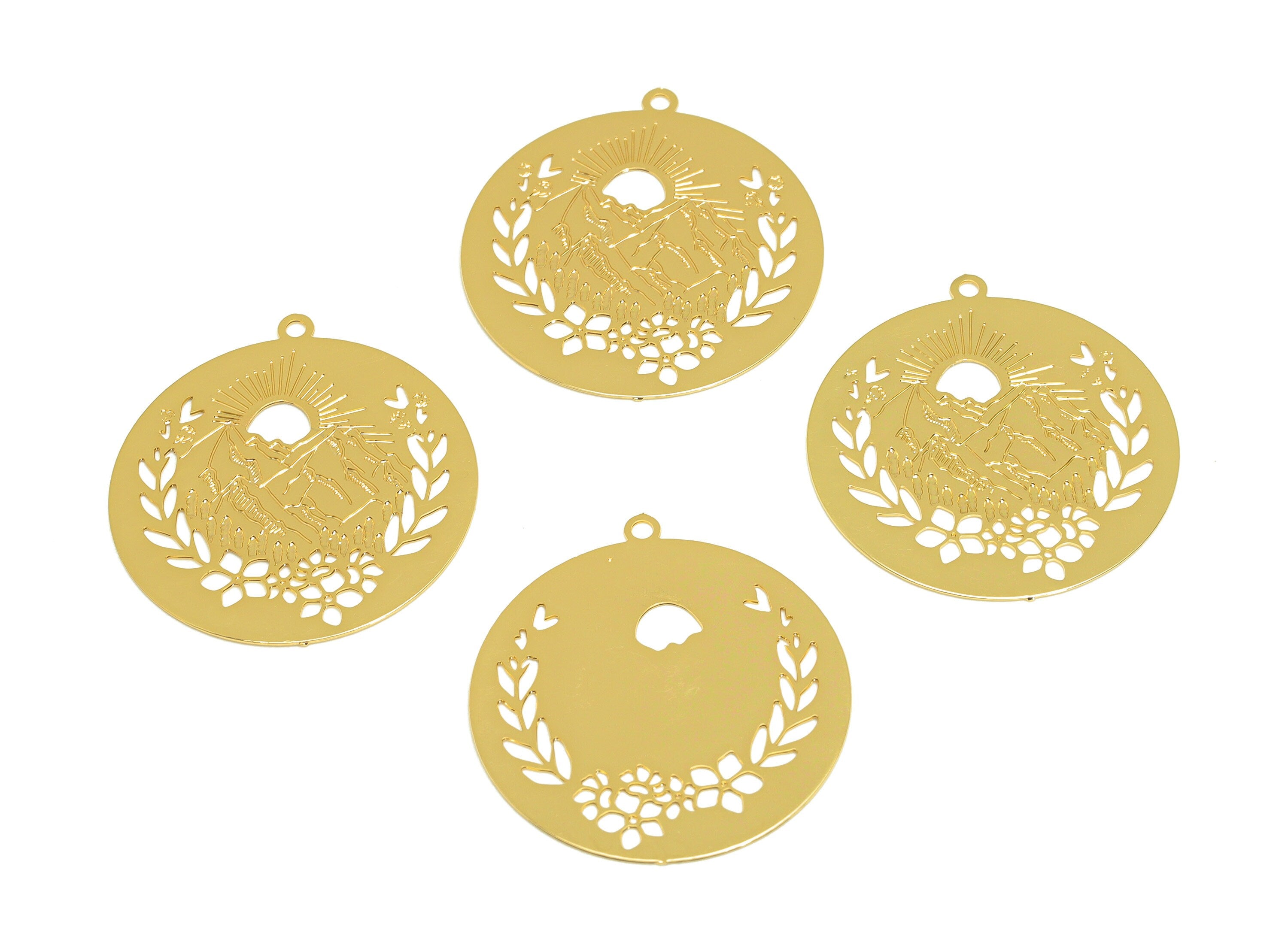 Brass Round Earring Charm - Brass Sunshine Mountain Earring Charm - Brass Botanical Pendant - 18K Real Gold Plating - 25x24x0.31mm - RGP7148 - DOMEDBAZAAR