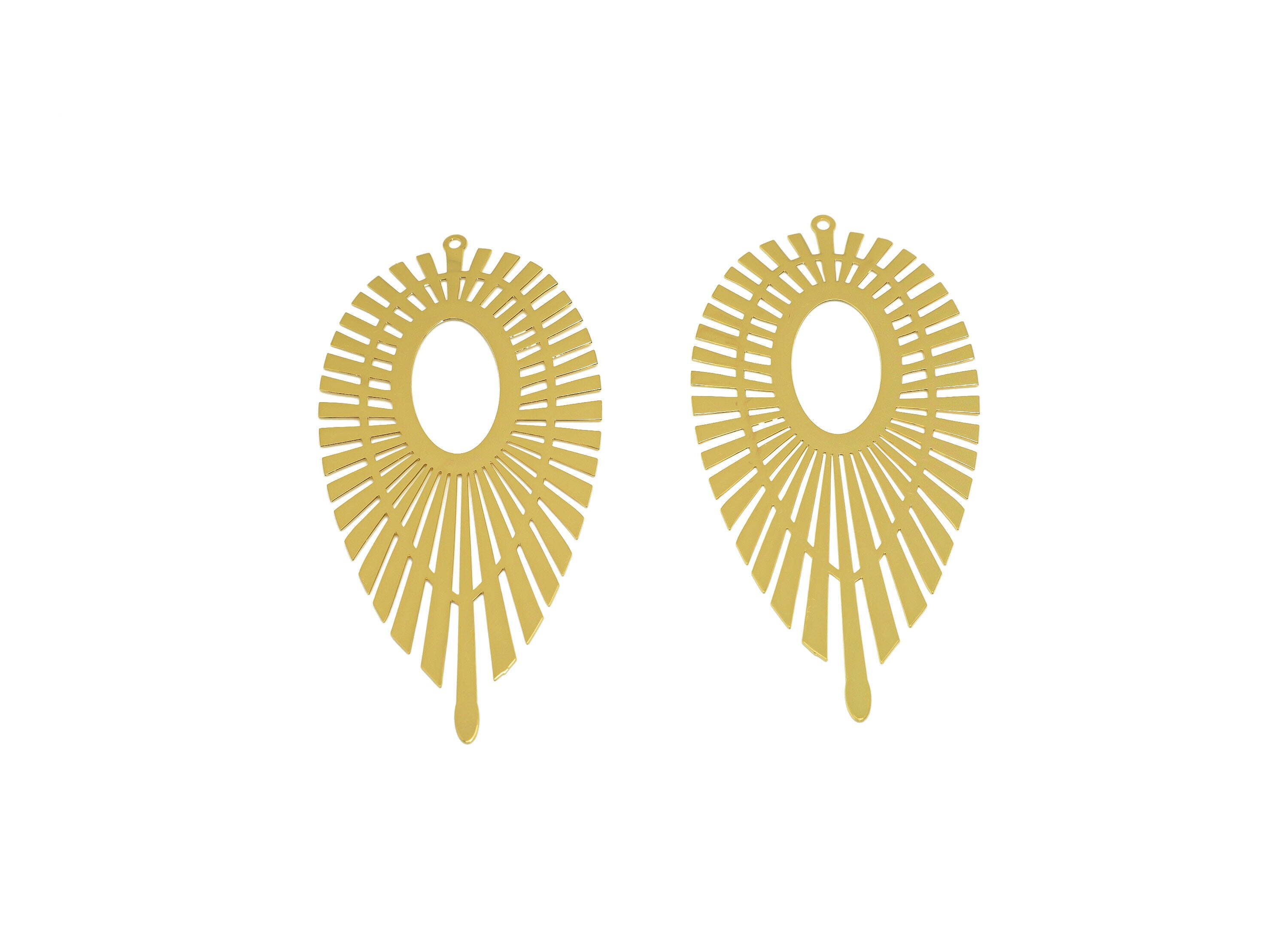 Brass Teardrop Pendant - Brass Laser Cut Drop Charm - Brass Geometry Oval Pendant - 18K Real Gold Plating - 79.1x38.2x0.3mm - RGP7139 - DOMEDBAZAAR