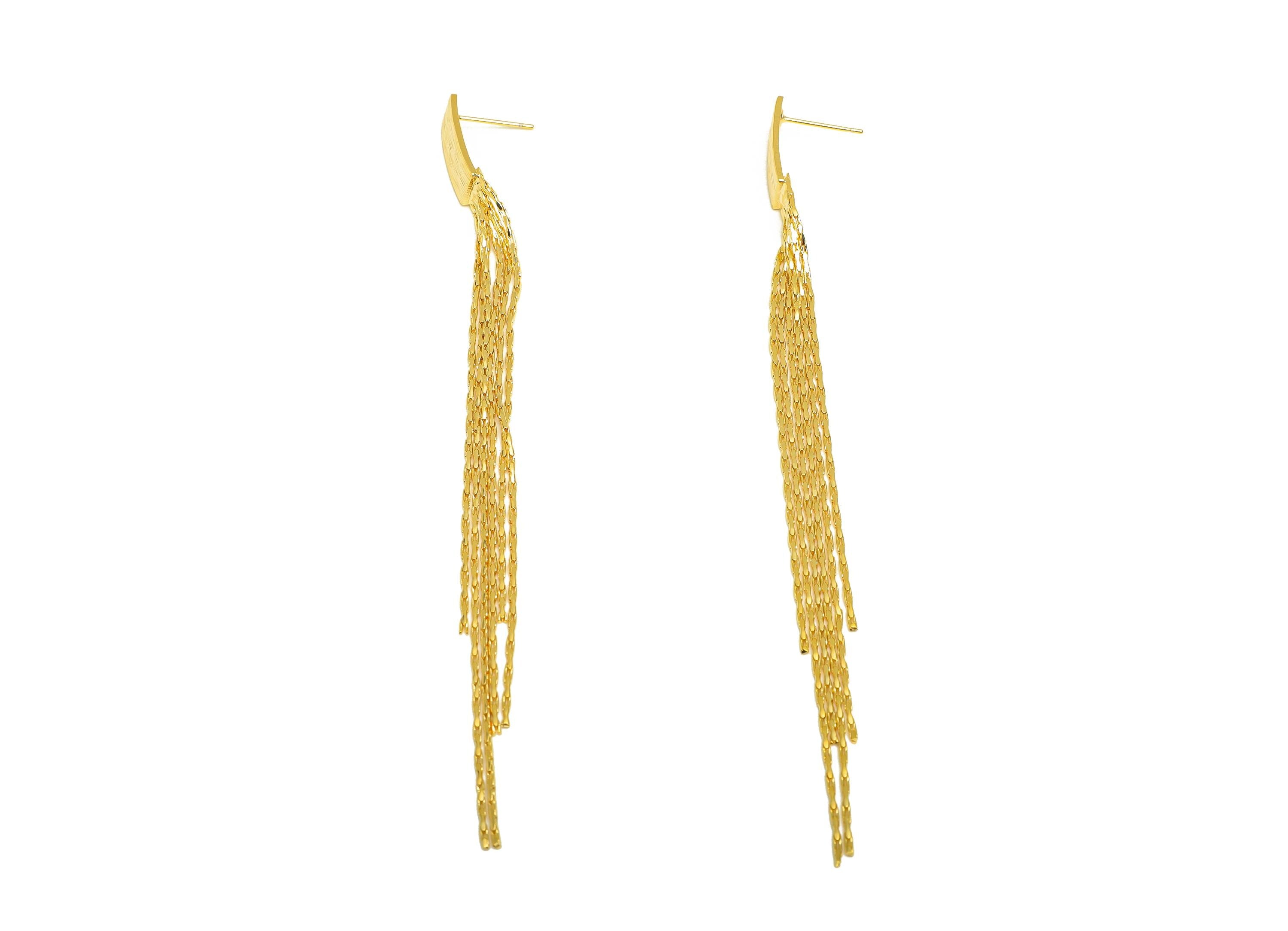 Brass Tassel Earring Stud - Bent Rectangle Tassel Wire Earring Post - Zircon Chian Earring Post - 18K Real Gold Plated - 118x6x1mm - RGP7531 - DOMEDBAZAAR
