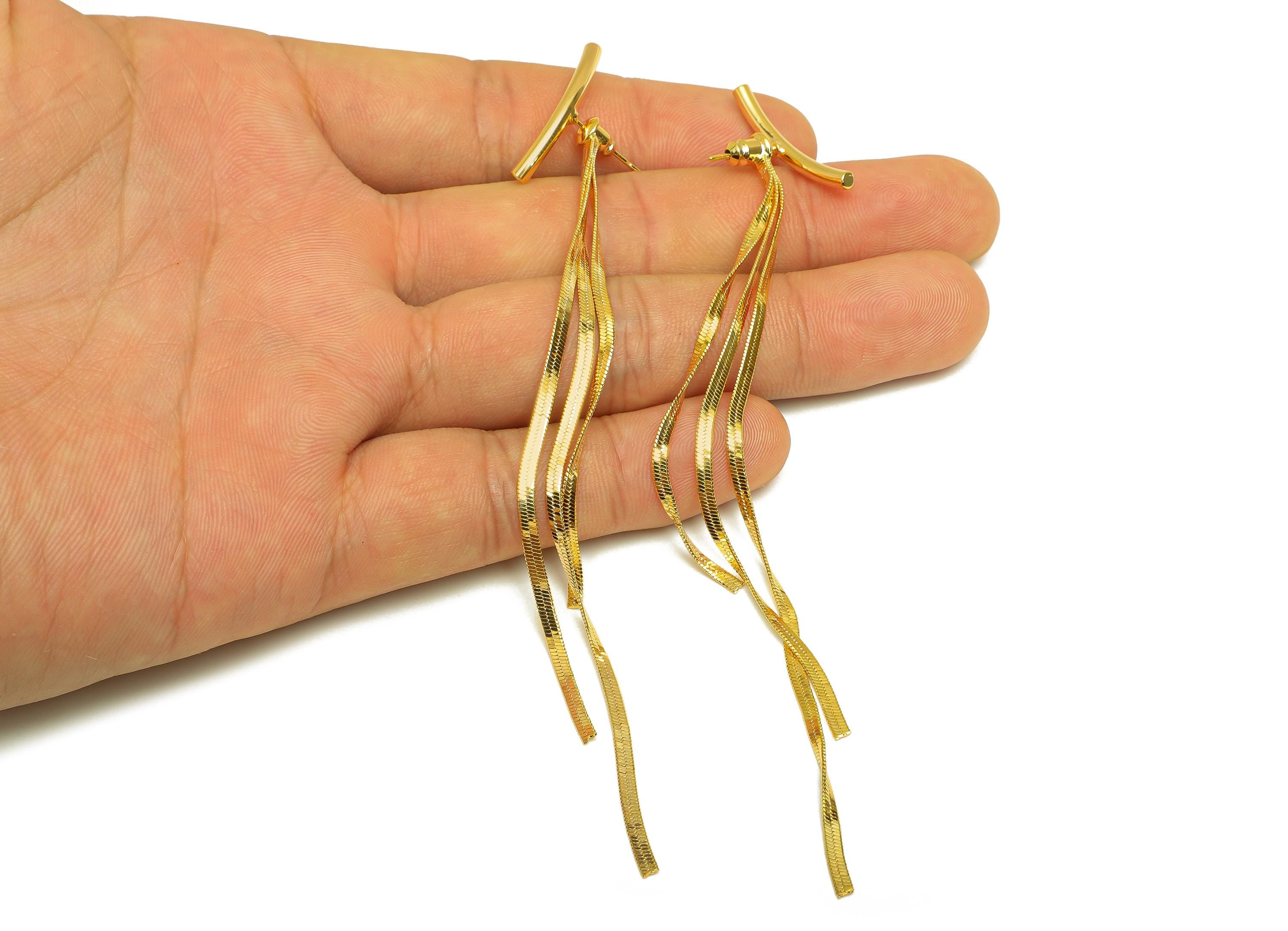 Brass Tassel Earring Stud - Bent Stick Tassel Wire Earring Post - Snake Chain Earring Post - 18K Real Gold Plated - 112x24x2.5mm - RGP7530 - DOMEDBAZAAR