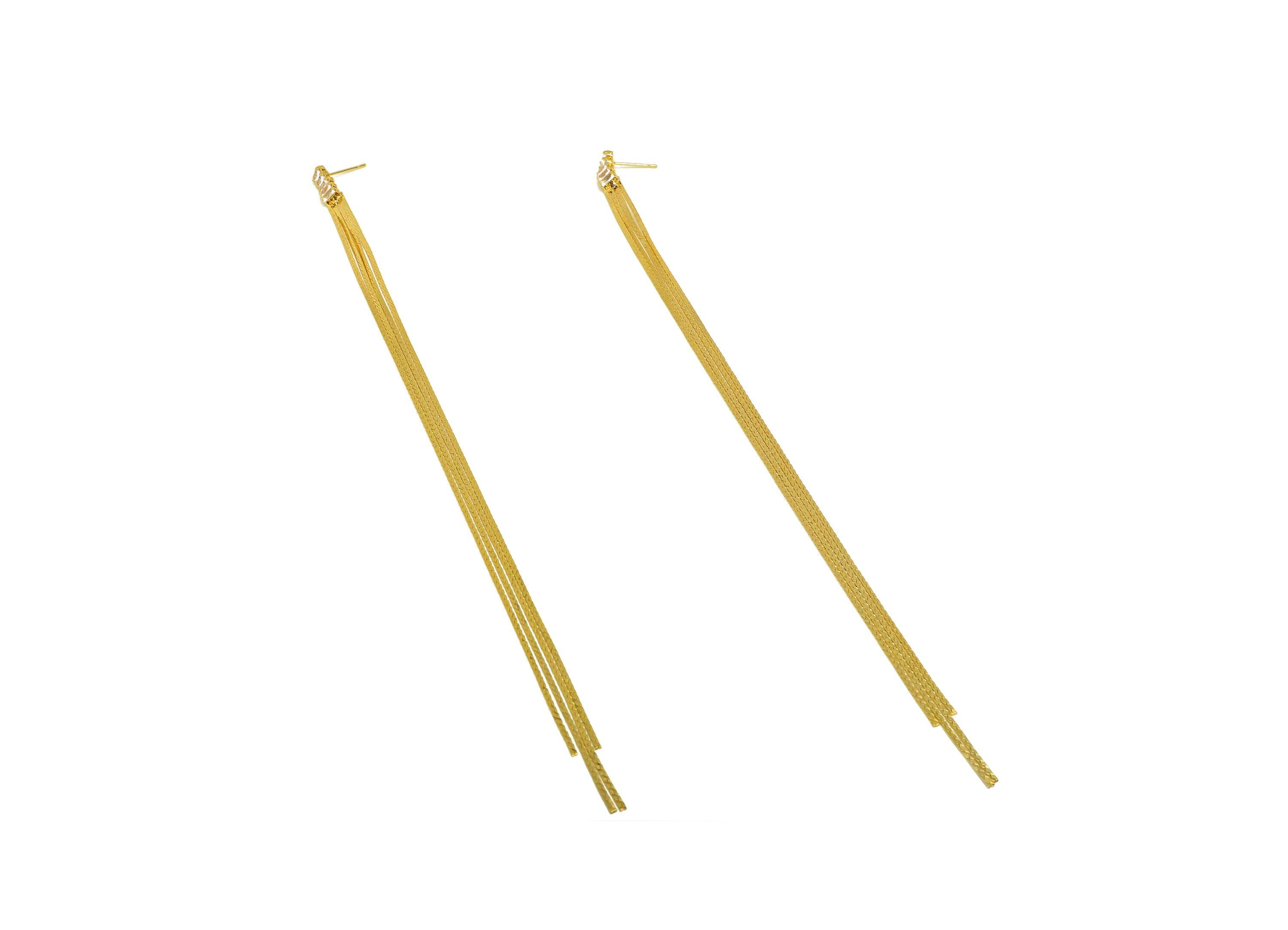 Brass Tassel Earring Stud - Tassel Wire Earring Post - Zircon Chian Snake Chain Earring Post - 18K Real Gold Plated - 118x6x1mm - RGP7509 - DOMEDBAZAAR