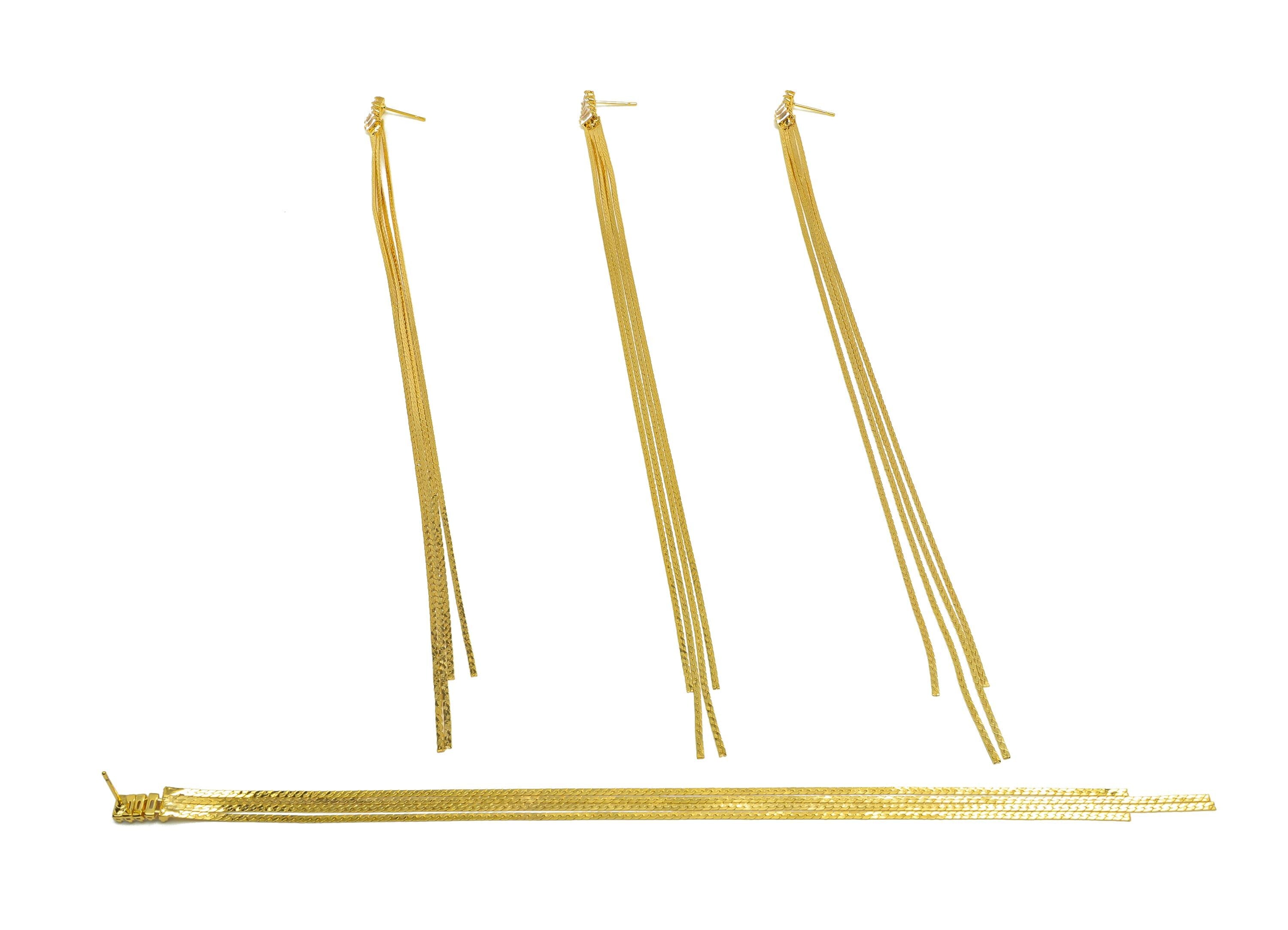 Brass Tassel Earring Stud - Tassel Wire Earring Post - Zircon Chian Snake Chain Earring Post - 18K Real Gold Plated - 118x6x1mm - RGP7509 - DOMEDBAZAAR