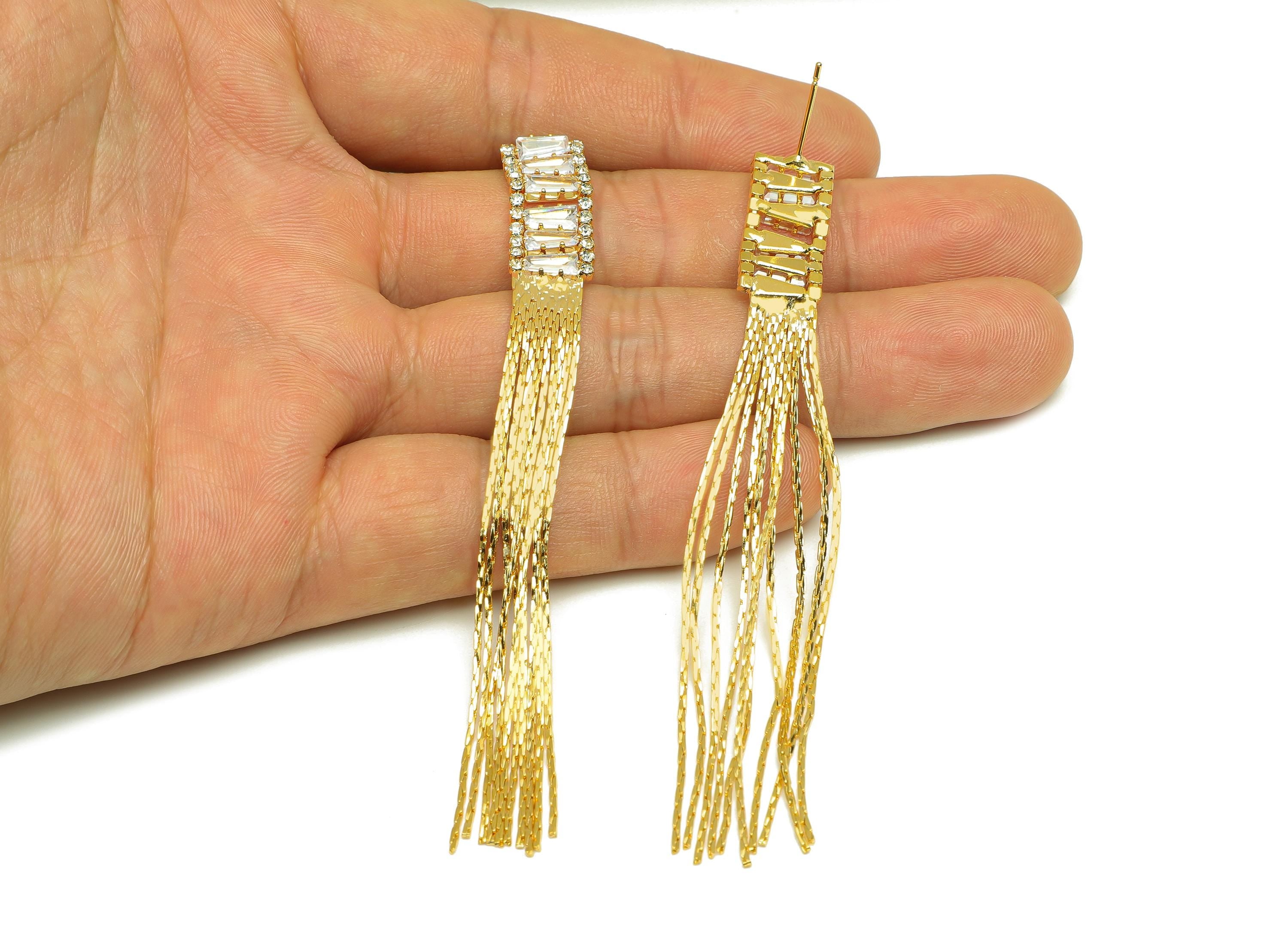Brass Tassel Earring Stud - Trapezoid Tassel Wire Earring Post - Zircon Snake Chian Earring Post - 18K Real Gold Plated - 90x9x2mm -RGP7505 - DOMEDBAZAAR