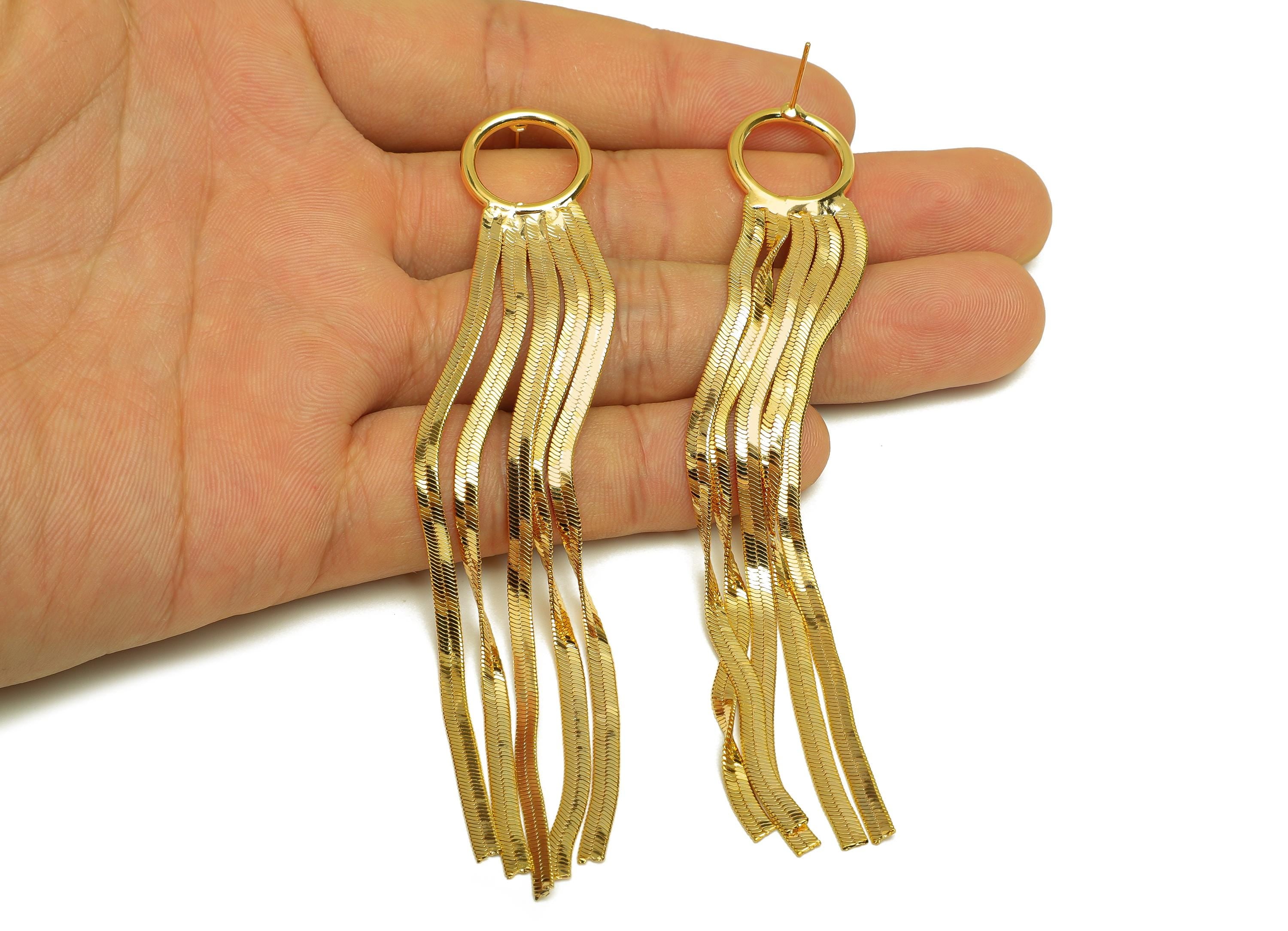 Brass Tassel Earring Stud - Round Tassel Wire Earring Post - Brass Snake Chain Earring Post - 18K Real Gold Plated - 112x24x2.5mm - RGP7508 - DOMEDBAZAAR