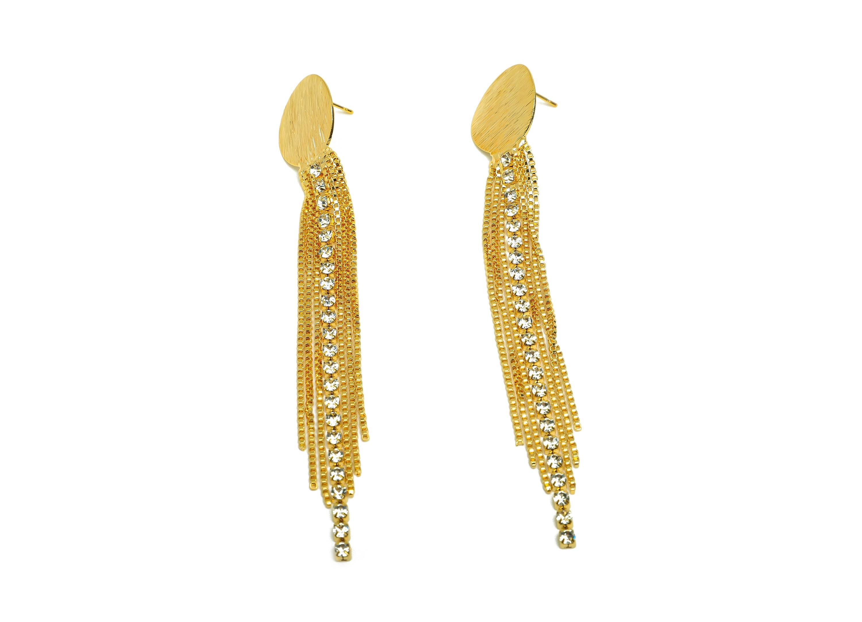 Brass Tassel Earring Stud - Bent Round Tassel Wire Earring Post - Zircon Box Chian Earring Post - 18K Real Gold Plated - 90x9x2mm - RGP7500 - DOMEDBAZAAR