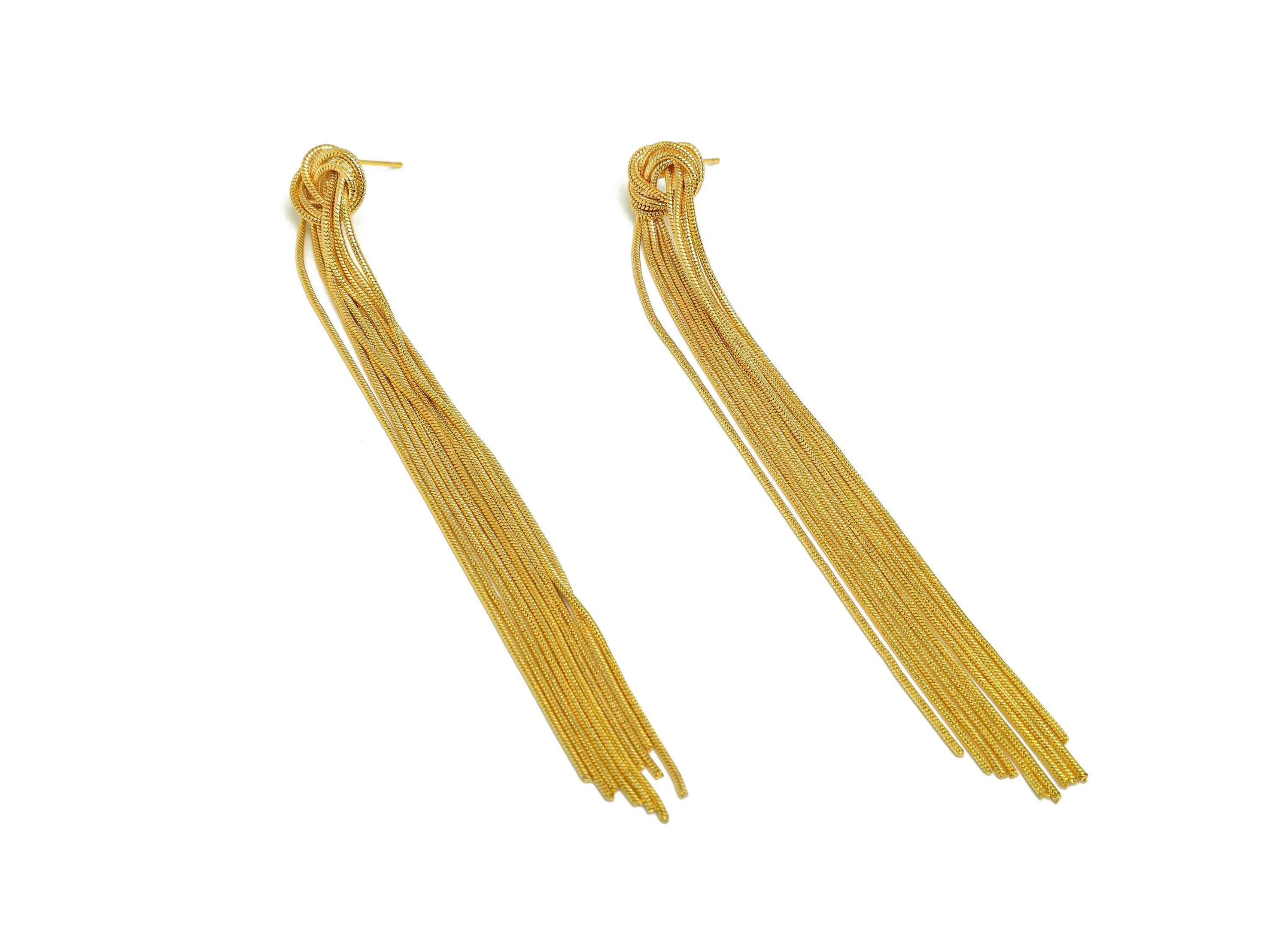 Brass Tassel Earring Stud - Knot Tassel Wire Earring Post - Brass Snake Long Chain Earring Post - 18K Real Gold Plated - 116x13x4mm- RGP7520 - DOMEDBAZAAR