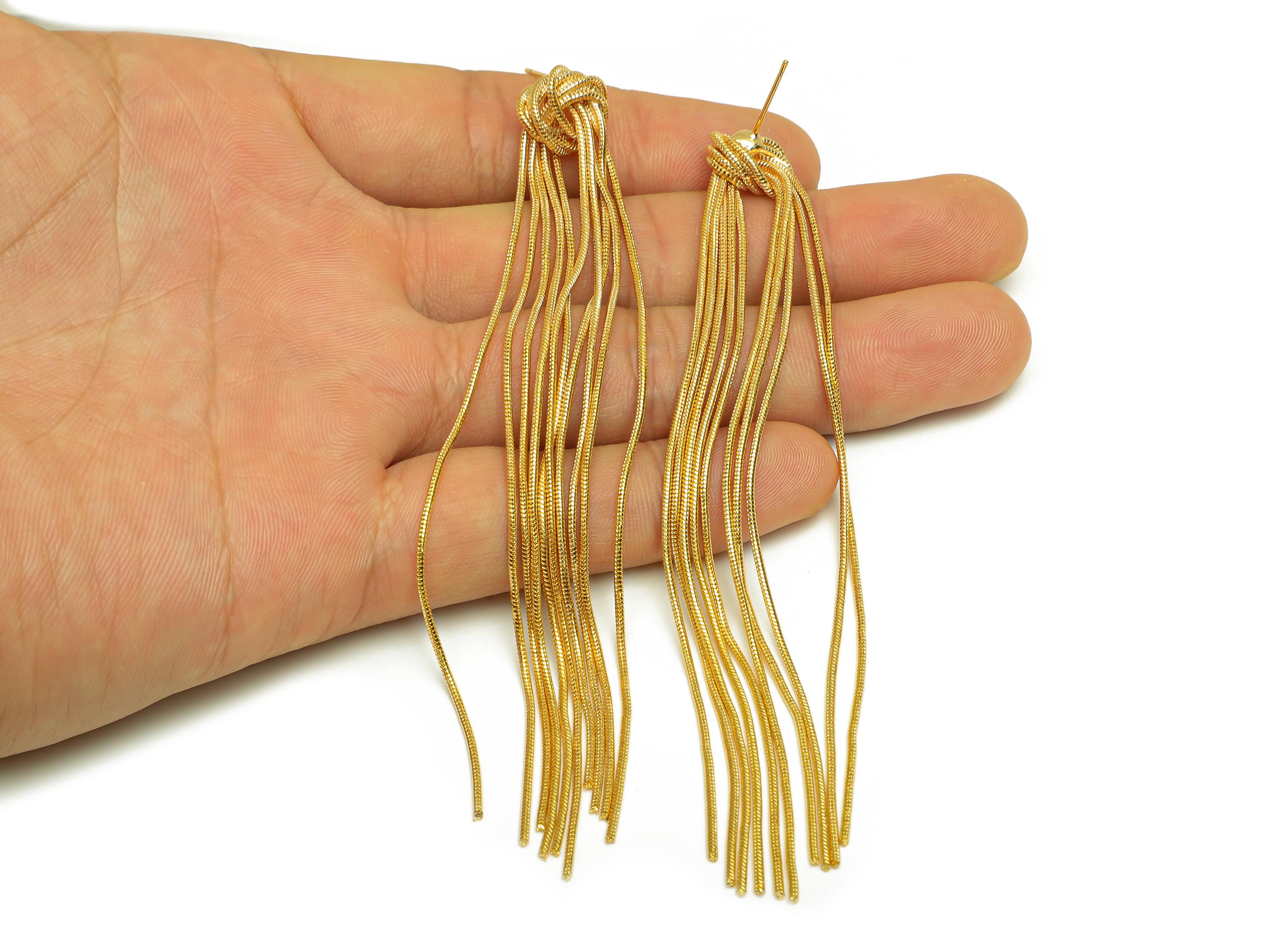 Brass Tassel Earring Stud - Knot Tassel Wire Earring Post - Brass Snake Long Chain Earring Post - 18K Real Gold Plated - 116x13x4mm- RGP7520 - DOMEDBAZAAR