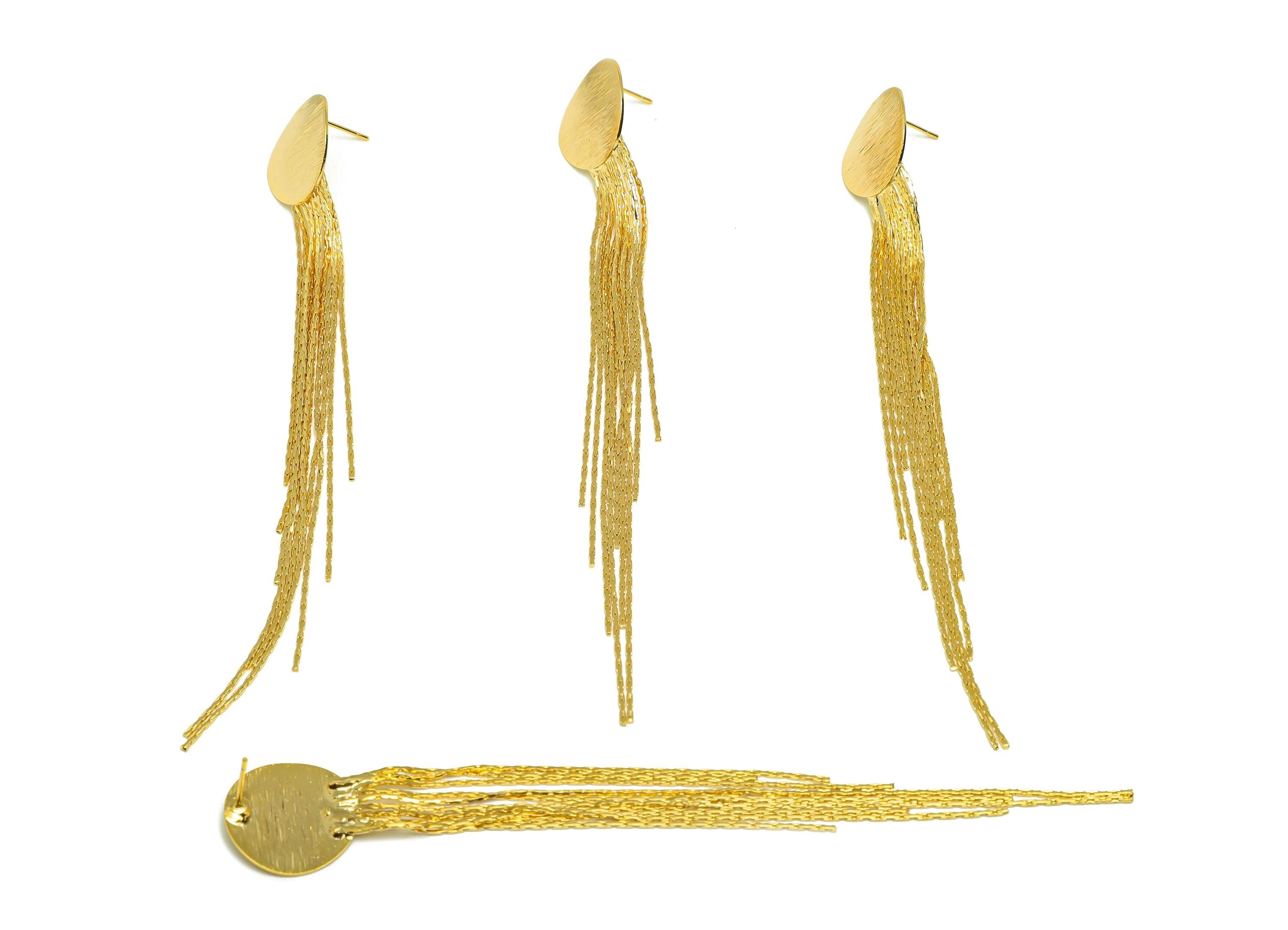 Brass Tassel Earring Stud - Bent Round Tassel Wire Earring Post - Brass Snake Chian Earring Post - 18K Real Gold Plated - 119x18x1mm-RGP7532 - DOMEDBAZAAR