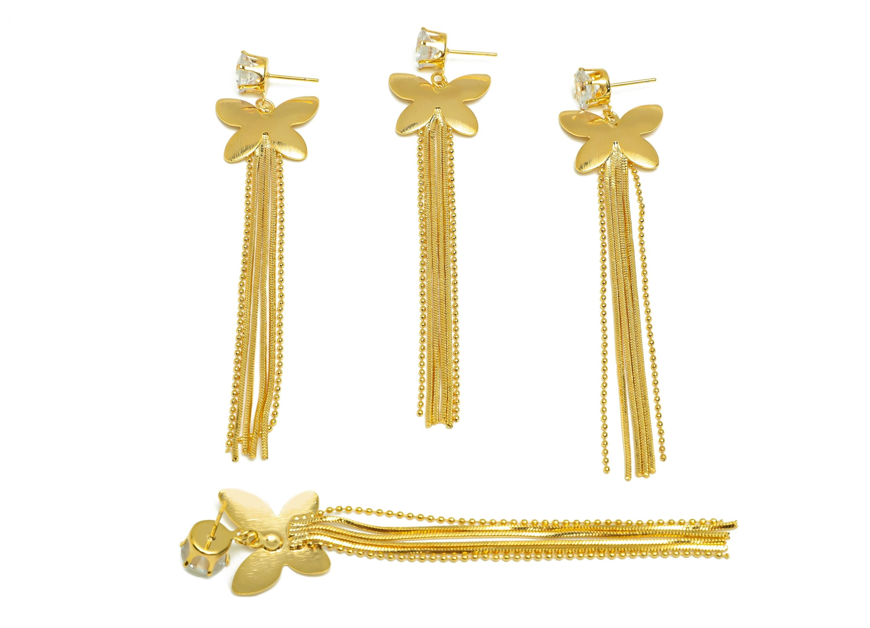 Brass Tassel Earring Stud - Butterfly Tassel Earring Post - Zircon Bead Snake Chian Earring Post - 18K Real Gold Plated - 90x9x2mm - RGP7498 - DOMEDBAZAAR