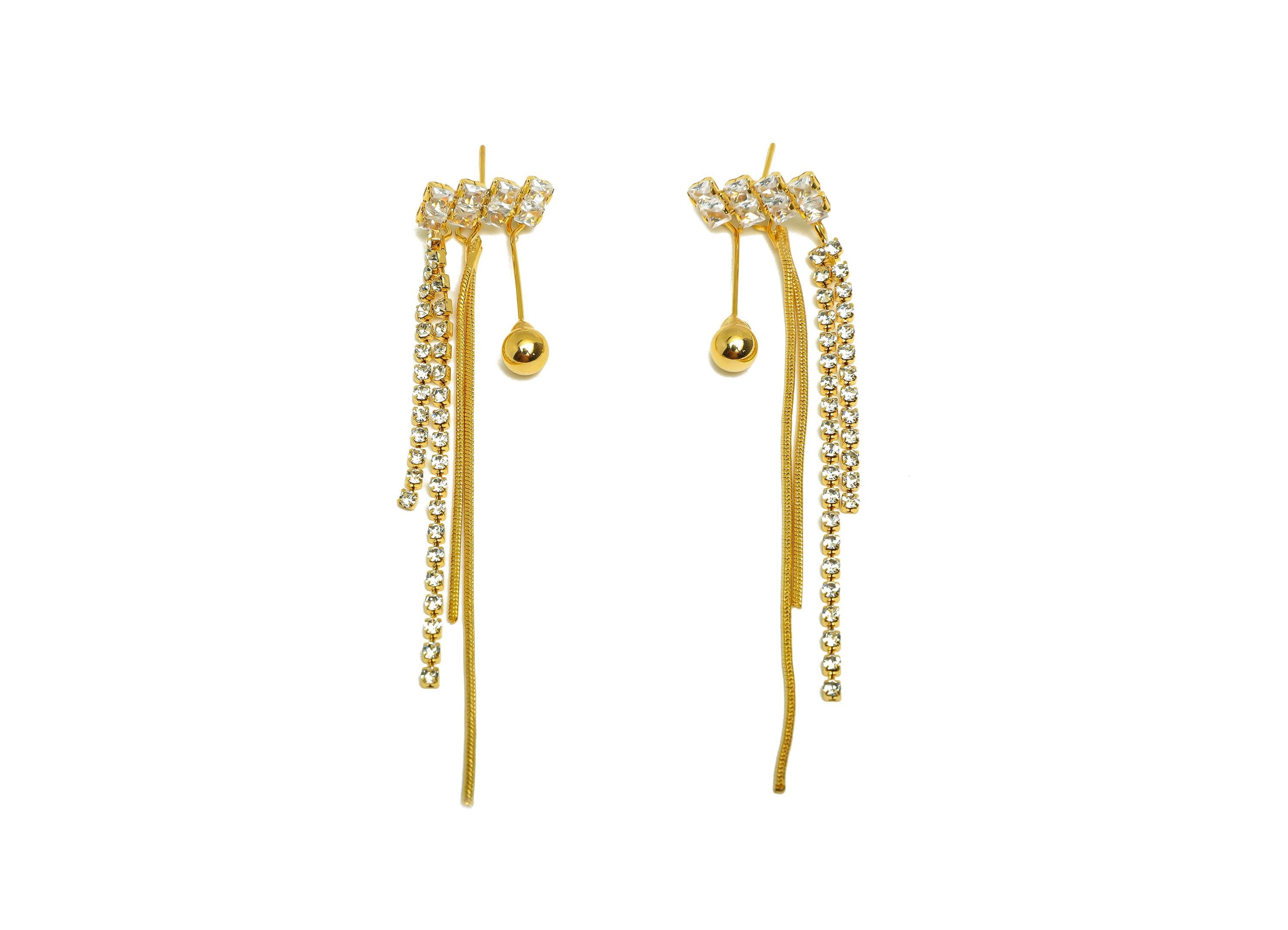 Brass Tassel Earring Stud - Brass Bead Tassel Earring Post - Zircon Snake Chian Earring Post - 18K Real Gold Plated - 93x16x3.27mm - RGP7497 - DOMEDBAZAAR