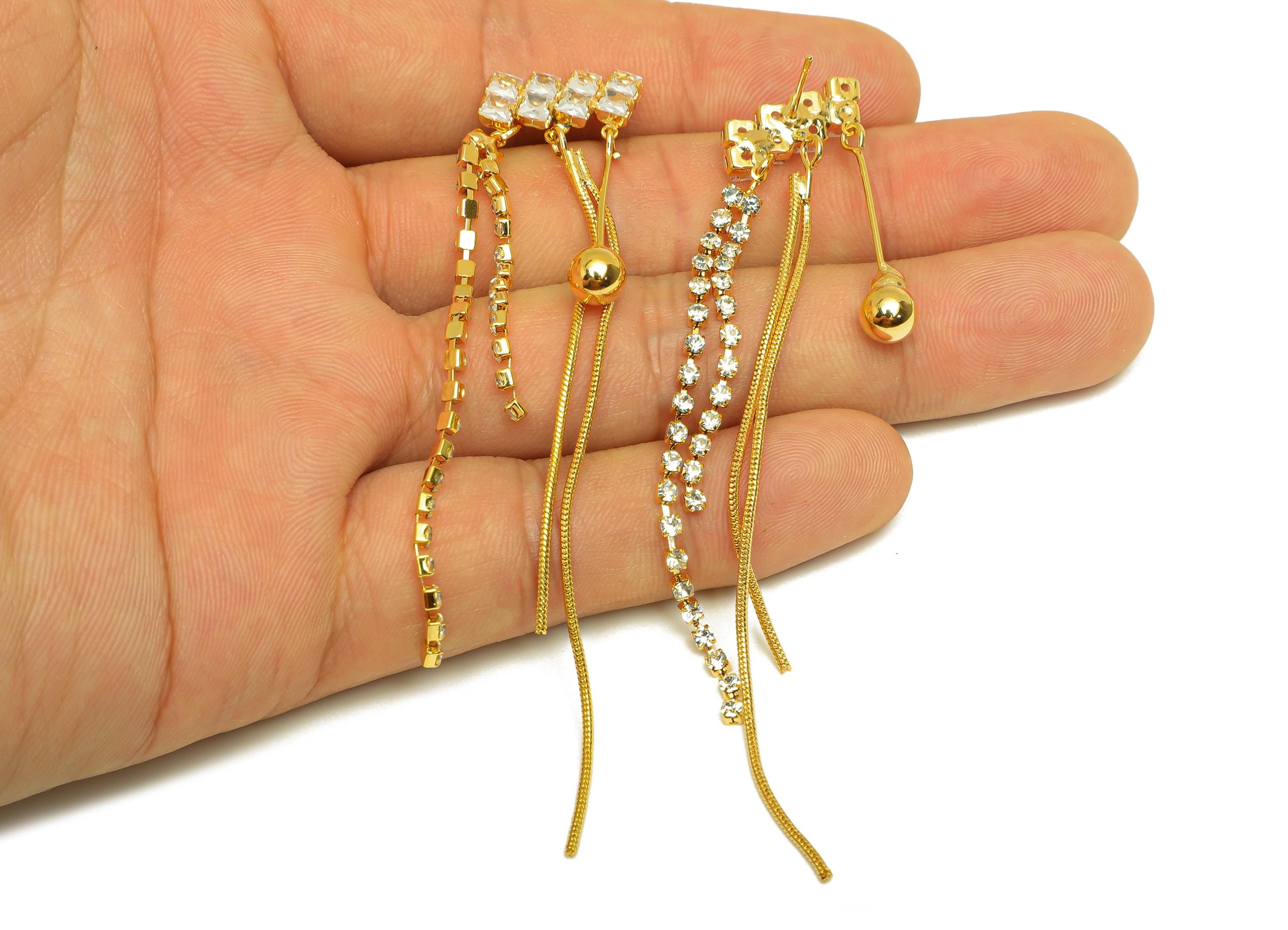 Brass Tassel Earring Stud - Brass Bead Tassel Earring Post - Zircon Snake Chian Earring Post - 18K Real Gold Plated - 93x16x3.27mm - RGP7497 - DOMEDBAZAAR