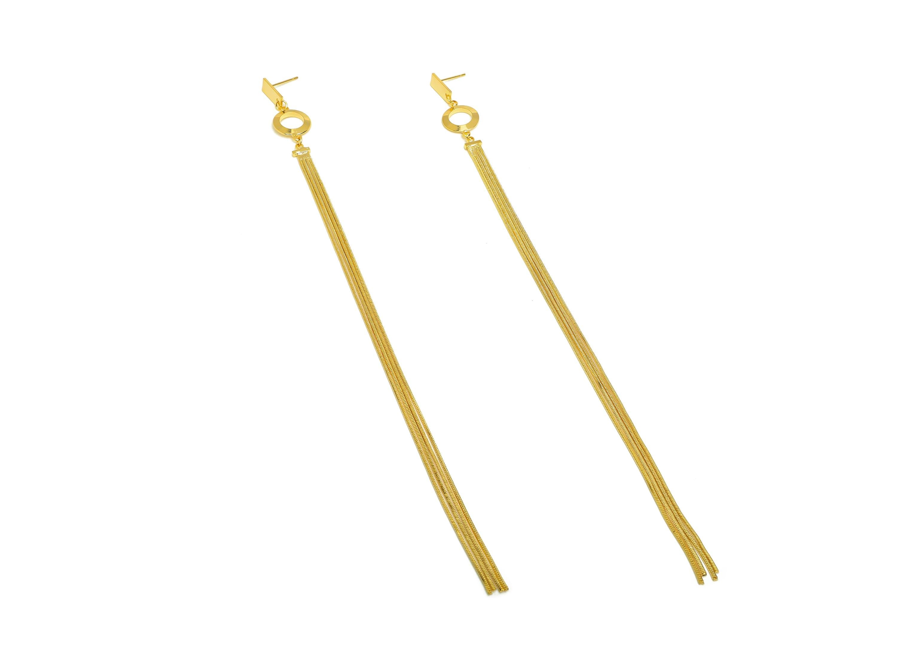 Brass Tassel Earring Stud - Geometry Tassel Earring Post - Long Snake Chian Earring Post - 18K Real Gold Plated - 205x12x1.79mm - RGP7506 - DOMEDBAZAAR