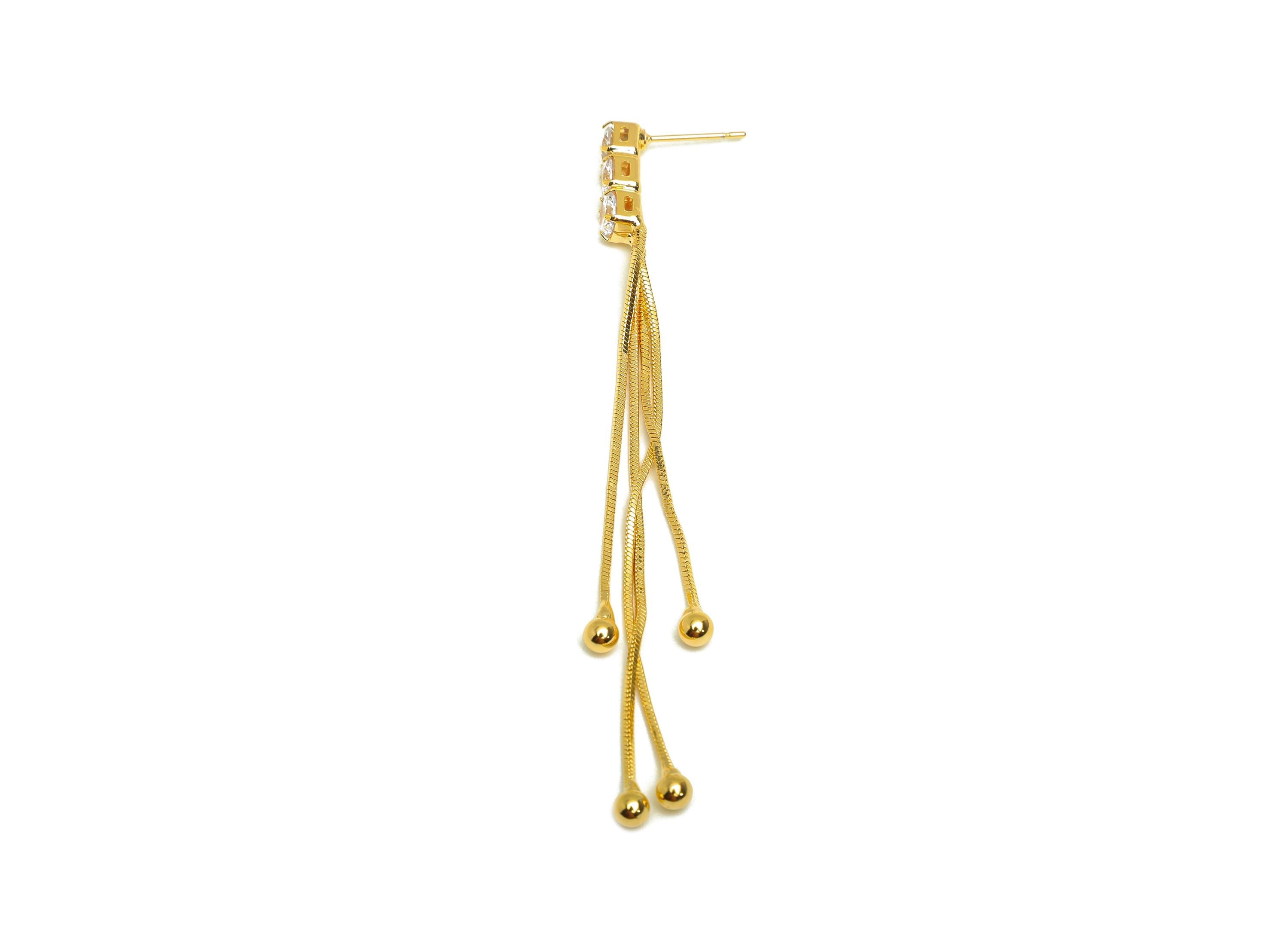 Brass Tassel Earring Stud - Brass Bead Tassel Earring Post - Square Zircon Snake Chian Post - 18K Real Gold Plated - 87x4x4.65mm - RGP7536 - DOMEDBAZAAR
