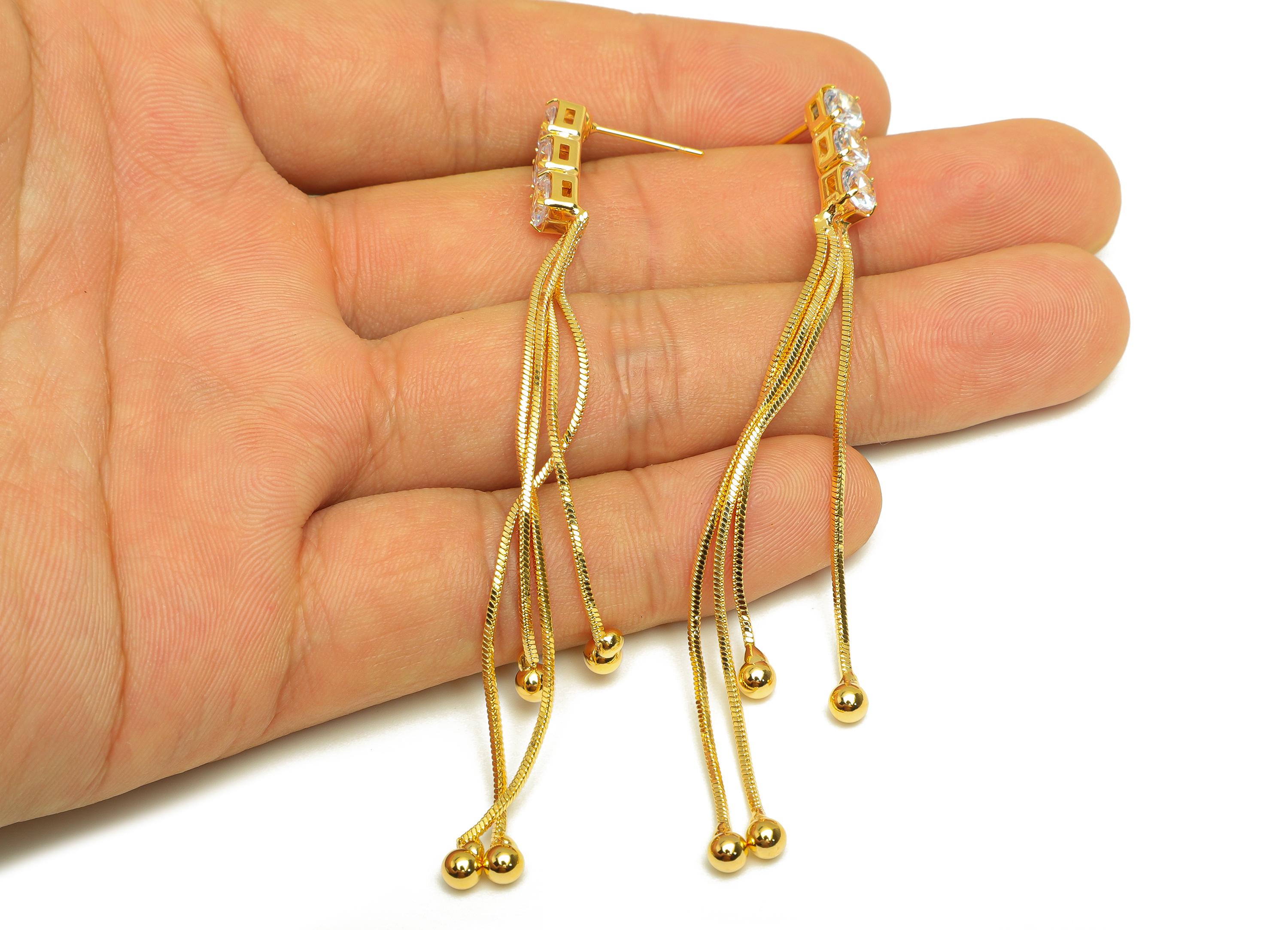 Brass Tassel Earring Stud - Brass Bead Tassel Earring Post - Square Zircon Snake Chian Post - 18K Real Gold Plated - 87x4x4.65mm - RGP7536 - DOMEDBAZAAR