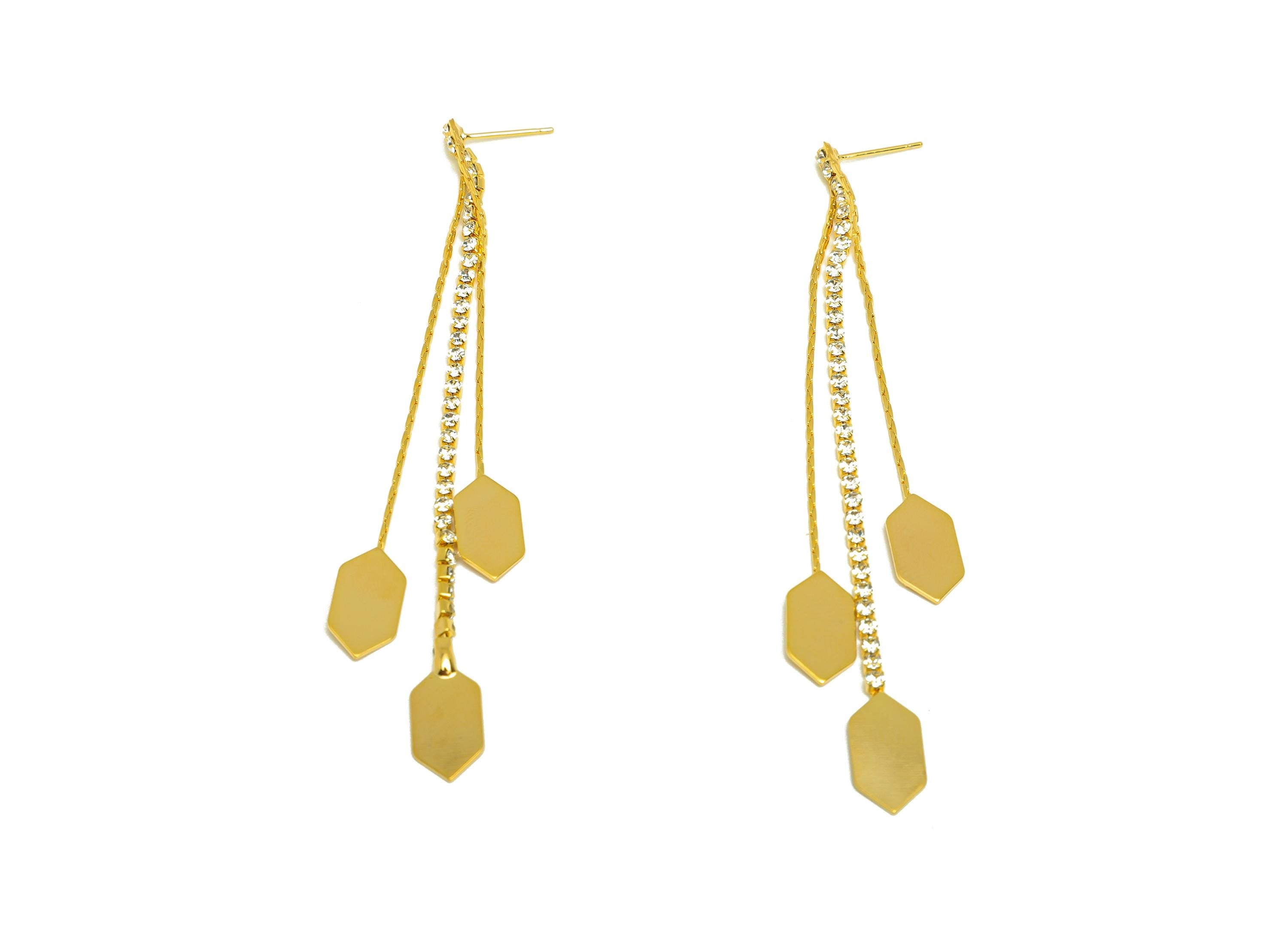 Brass Tassel Earring Stud - Brass Hexagon CZ Earring Post - Zircon Snake Chian Earring Post - 18K Real Gold Plated - 95x7x1.87mm - RGP7537 - DOMEDBAZAAR