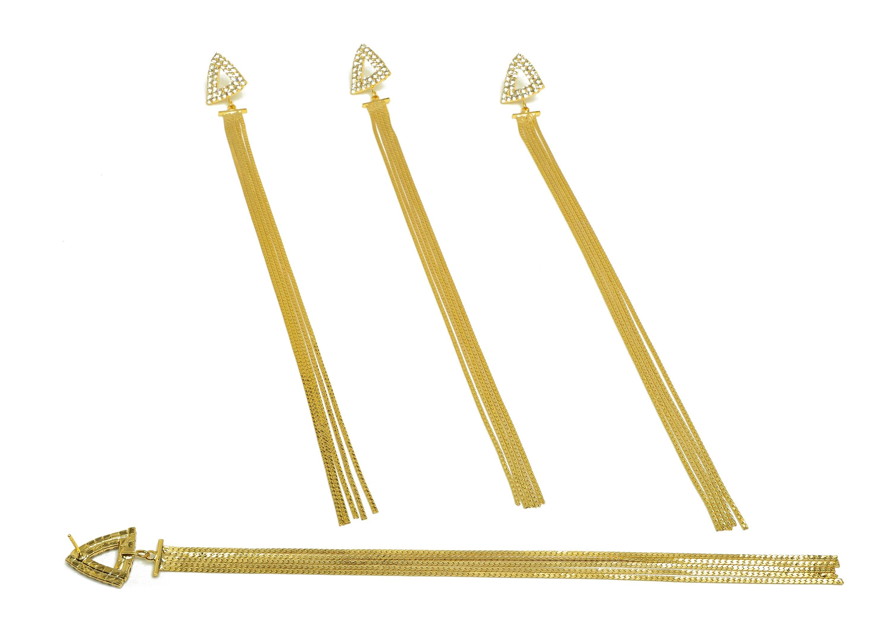 Brass Tassel Earring Stud - Brass CZ Triangle Tassel Earring Post - Zircon Snake Chian Post - 18K Real Gold Plated - 190x16x2.17mm - RGP7510 - DOMEDBAZAAR