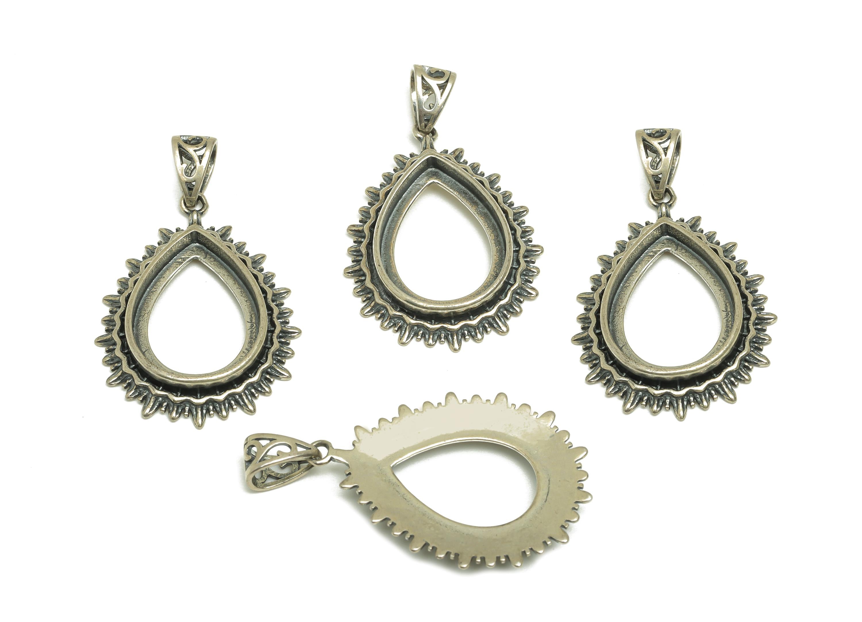 12x16mm Drop Pendant Setting - Textured Teardrop Pendant Blank - Vintage Teardrop Pendant Setting - 925 Silver Sterling - RGP7461 - DOMEDBAZAAR