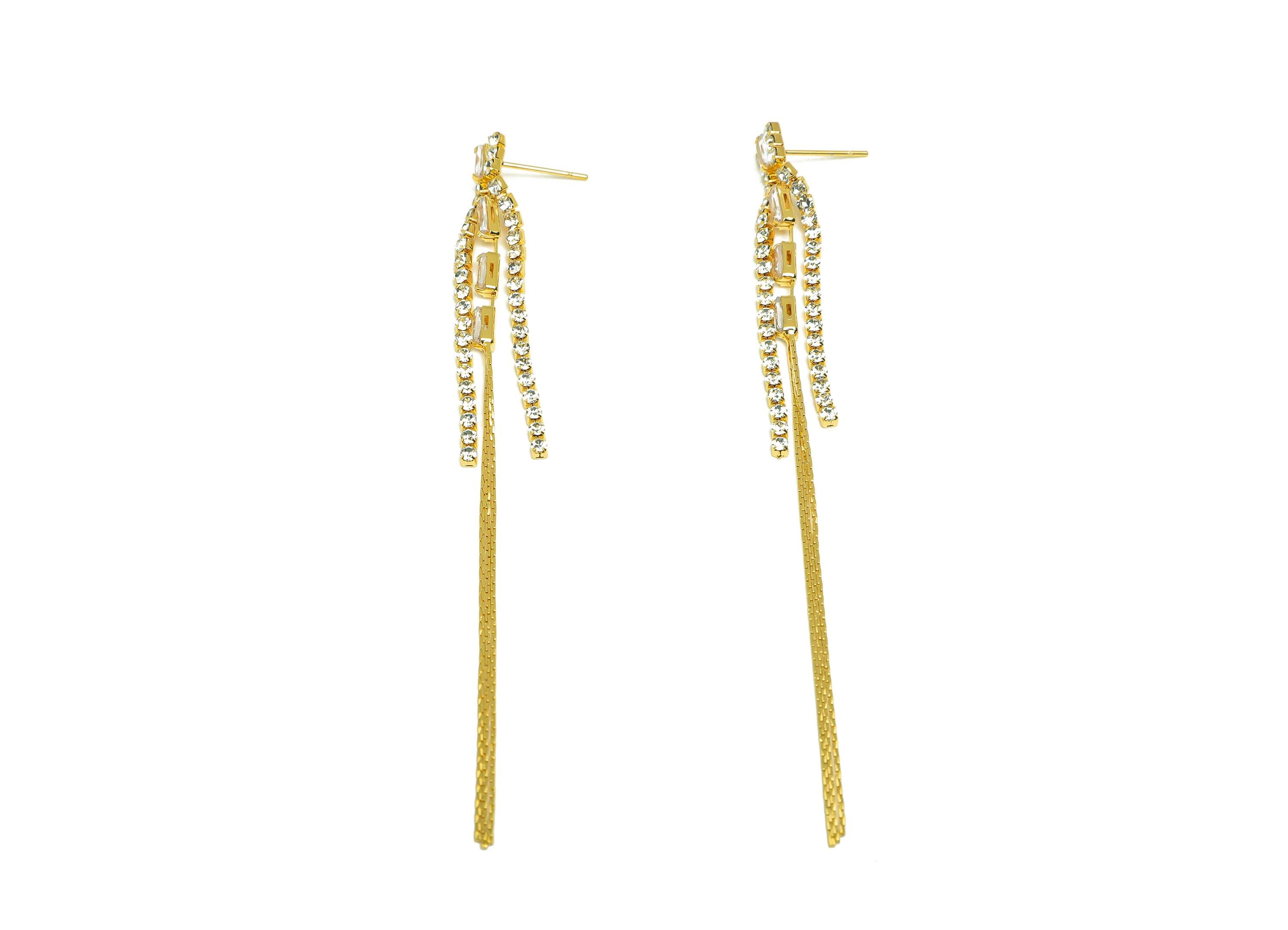 Brass Tassel Earring Stud - Brass Rectangle CZ Earring Post - Zircon Snake Chian Earring Post - 18K Real Gold Plated - 100x6x3mm - RGP7526 - DOMEDBAZAAR