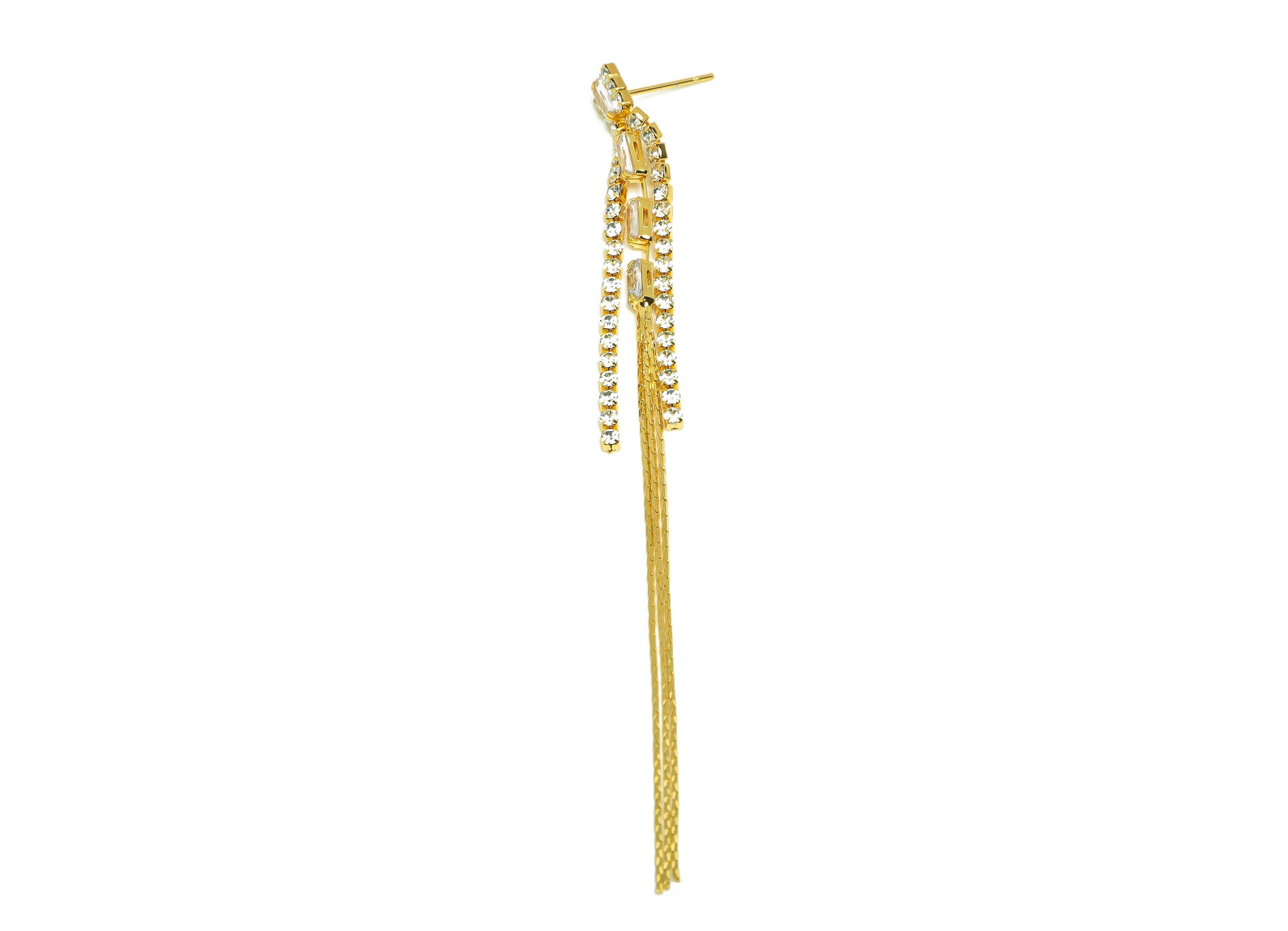Brass Tassel Earring Stud - Brass Rectangle CZ Earring Post - Zircon Snake Chian Earring Post - 18K Real Gold Plated - 100x6x3mm - RGP7526 - DOMEDBAZAAR