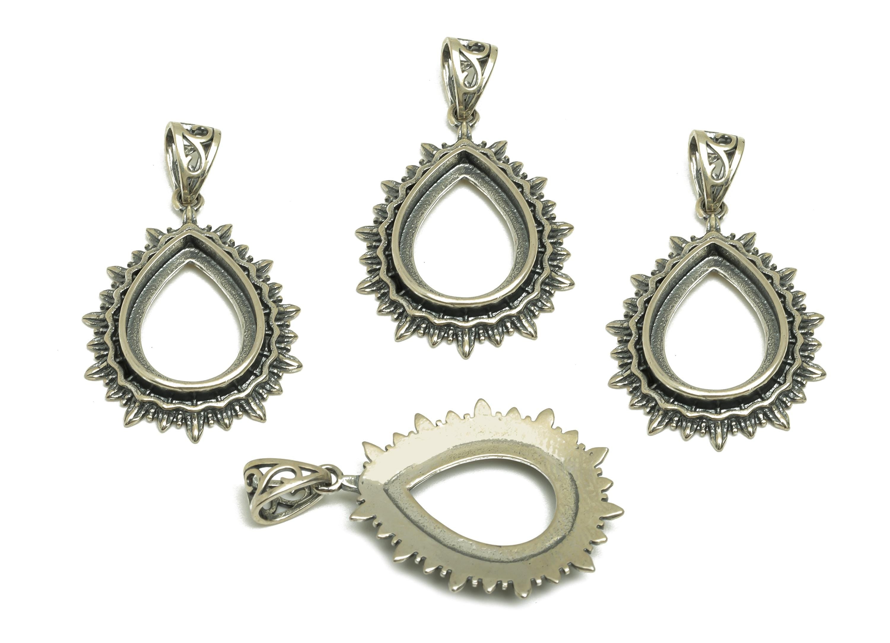 10x14mm Drop Pendant Setting - Textured Spikes Teardrop Pendant Blank - Vintage Teardrop Pendant Setting - 925 Silver Sterling - RGP7462 - DOMEDBAZAAR