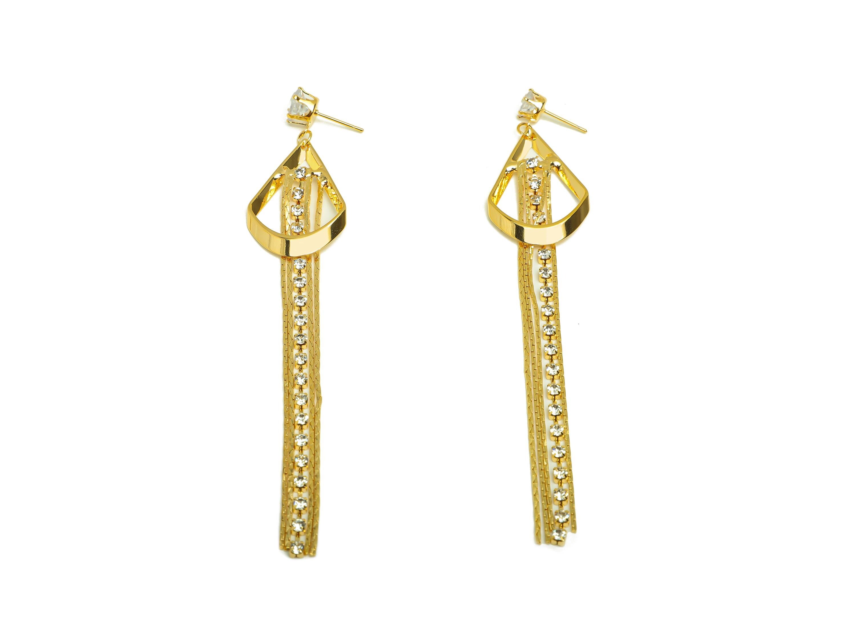 Brass Tassel Earring Stud - Brass CZ Teardrop Tassel Earring Post - Drop Zircon Snake Chian Post - 18K Real Gold Plated - 104x20x2mm-RGP7499 - DOMEDBAZAAR
