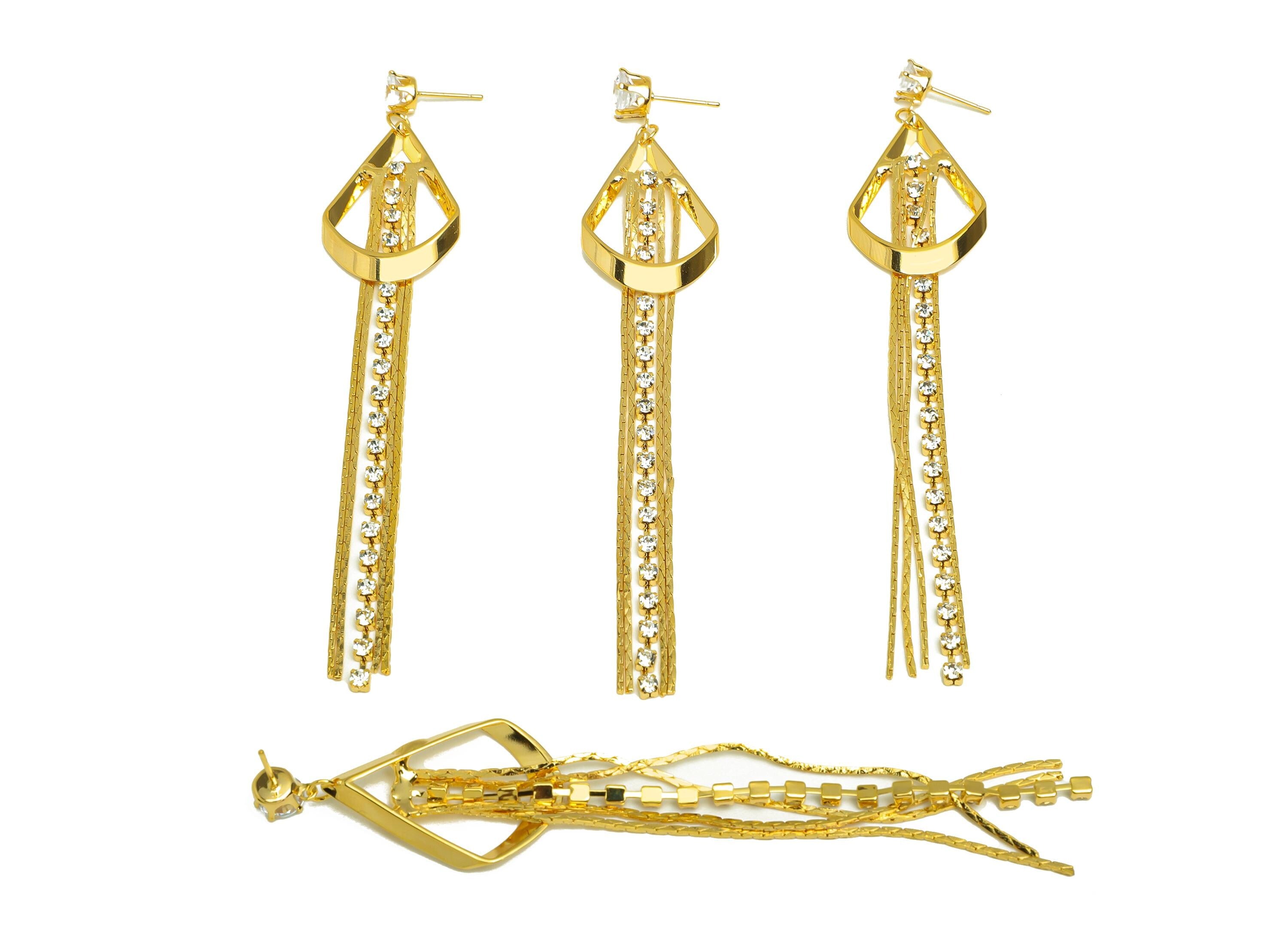 Brass Tassel Earring Stud - Brass CZ Teardrop Tassel Earring Post - Drop Zircon Snake Chian Post - 18K Real Gold Plated - 104x20x2mm-RGP7499 - DOMEDBAZAAR