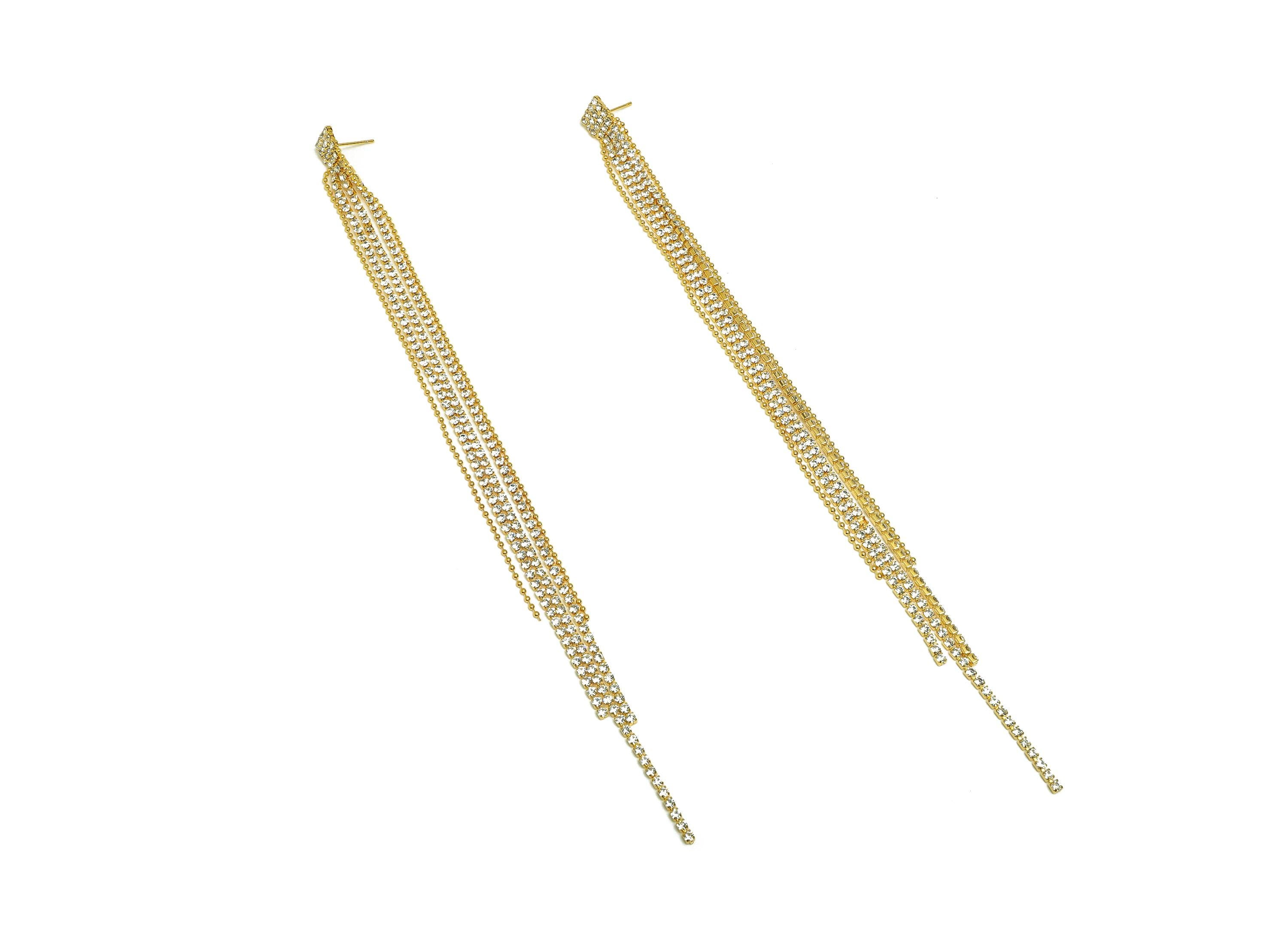 Brass Tassel Earring Stud - Brass Square CZ Earring Post - Brass Cubic Zircon Tassel Earring Post - 18K Real Gold Plated - 190x8x2mm-RGP7513 - DOMEDBAZAAR