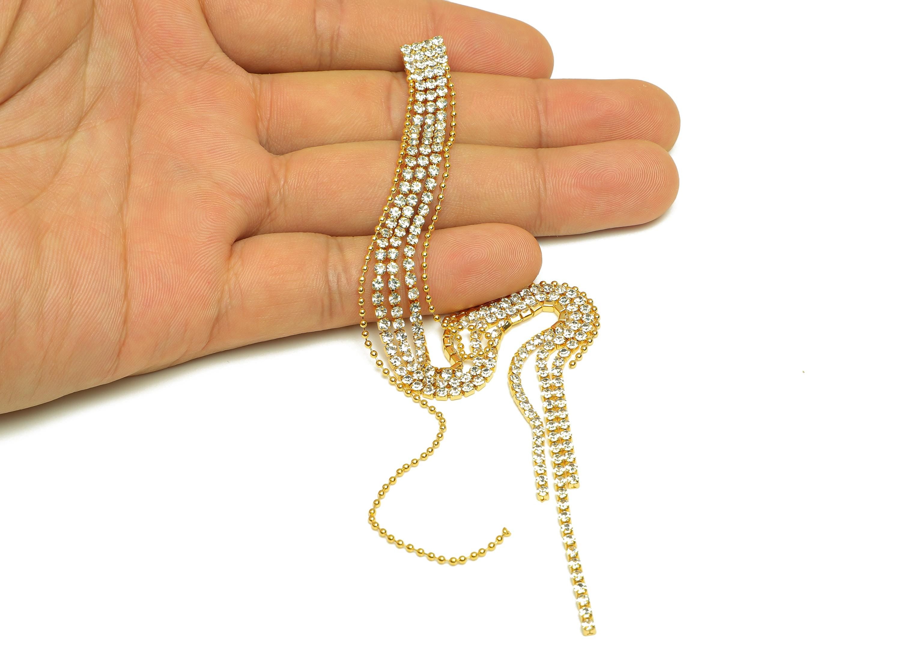Brass Tassel Earring Stud - Brass Square CZ Earring Post - Brass Cubic Zircon Tassel Earring Post - 18K Real Gold Plated - 190x8x2mm-RGP7513 - DOMEDBAZAAR