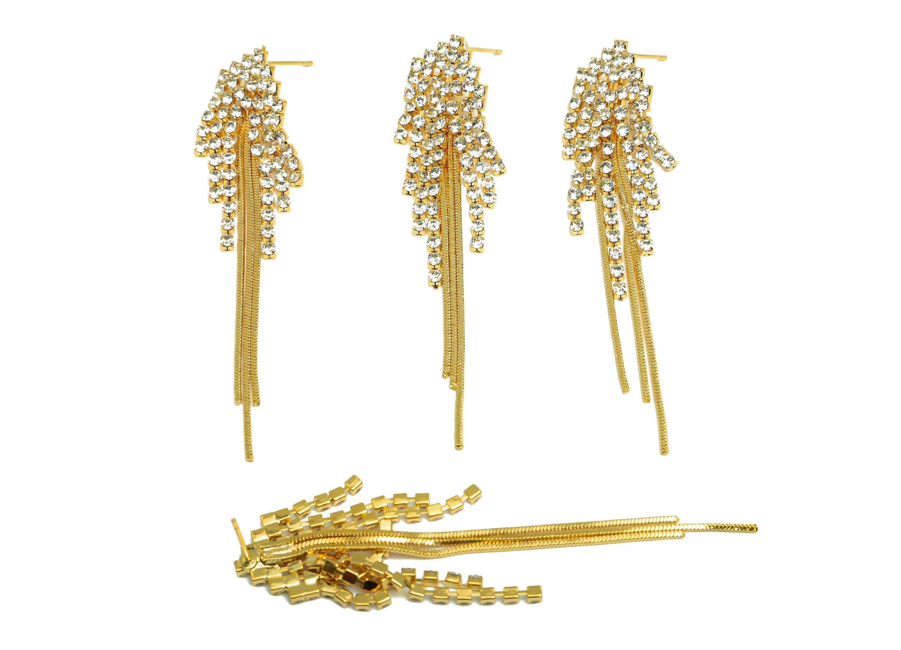 Brass Tassel Earring Stud - Brass CZ Triangle Tassel Earring Post - Zircon Snake Chian Post - 18K Real Gold Plated - 73x14x3mm - RGP7528 - DOMEDBAZAAR