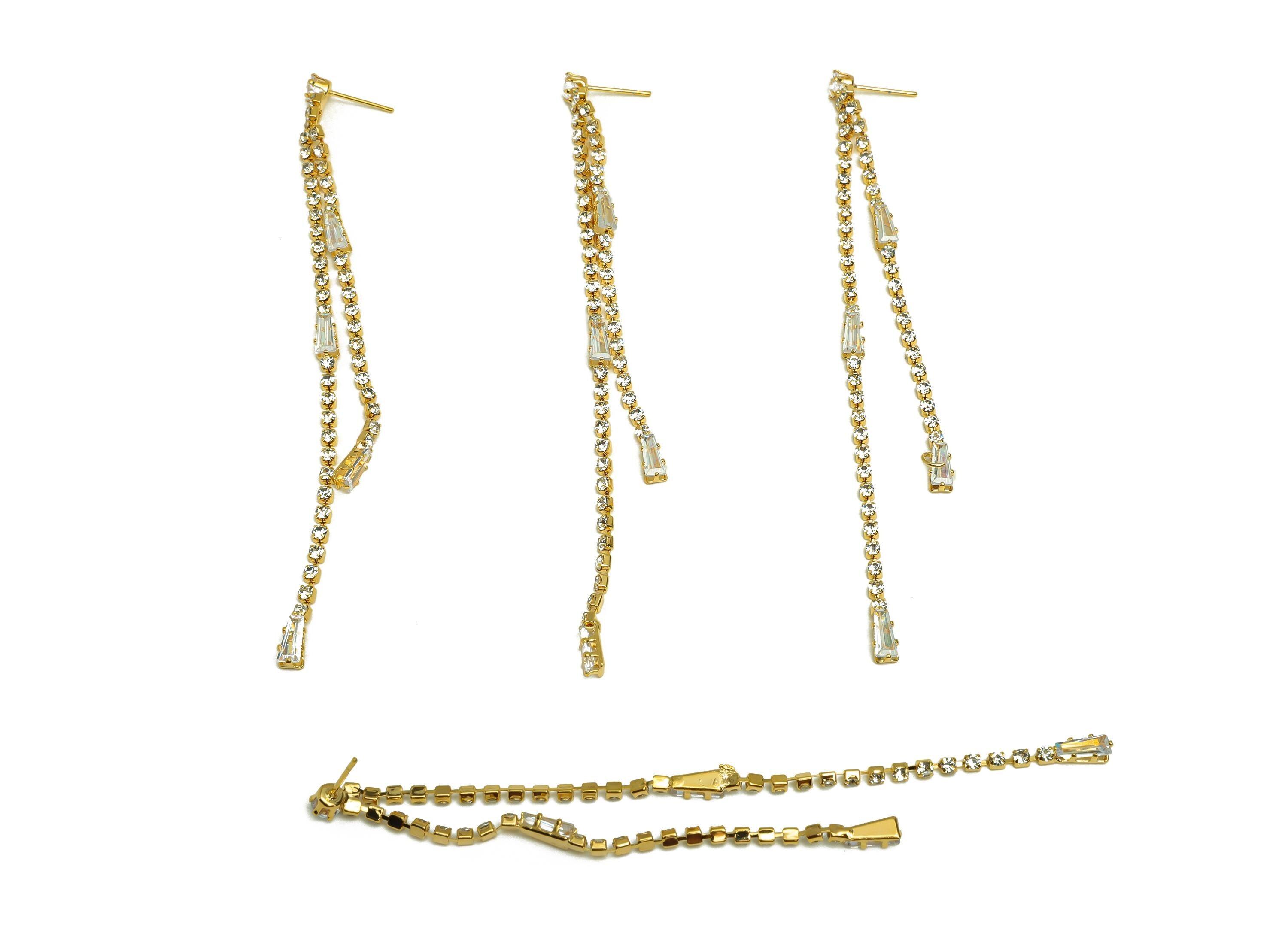 Brass Tassel Earring Stud - Brass CZ Trapezoid Tassel Earring Post - Cubic Zircon Tassel Post - 18K Real Gold Plated - 105x4x3.5mm - RGP7495 - DOMEDBAZAAR