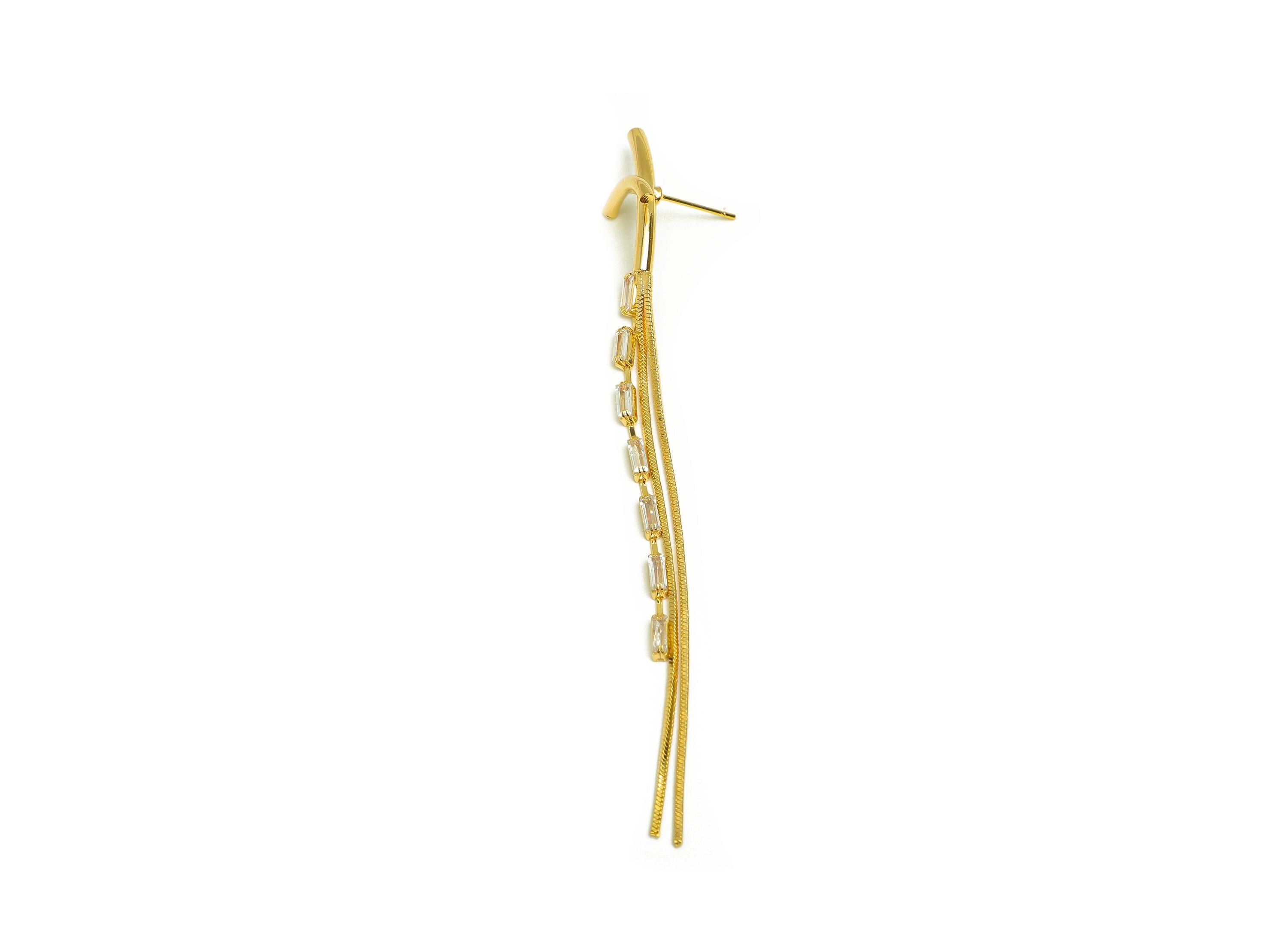 Brass Tassel Earring Stud - Bent Stick Tassel Earring Post -Rectangle Zircon Snake Chian Post - 18K Real Gold Plated - 100x13x2mm - RGP7535 - DOMEDBAZAAR