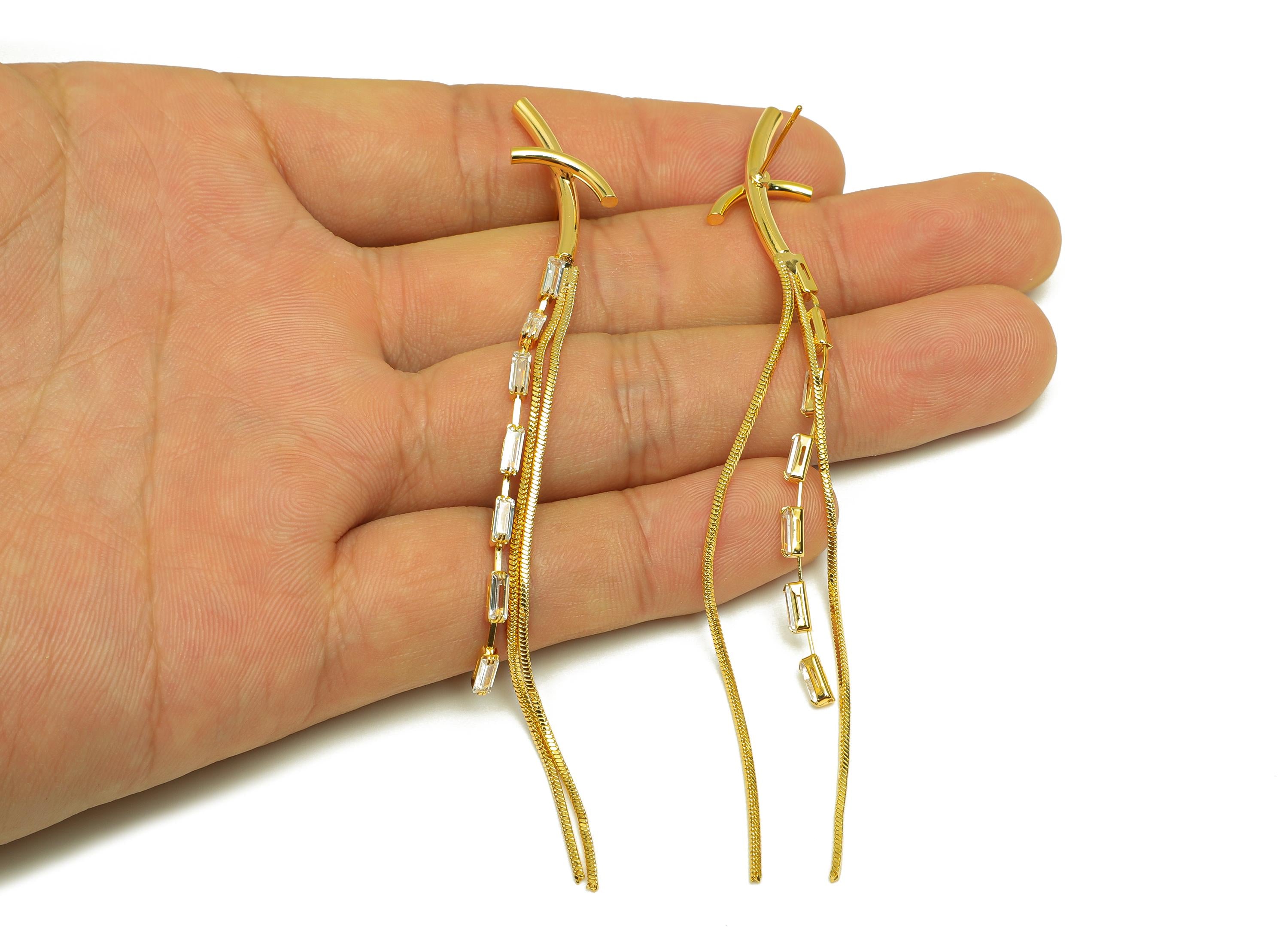 Brass Tassel Earring Stud - Bent Stick Tassel Earring Post -Rectangle Zircon Snake Chian Post - 18K Real Gold Plated - 100x13x2mm - RGP7535 - DOMEDBAZAAR