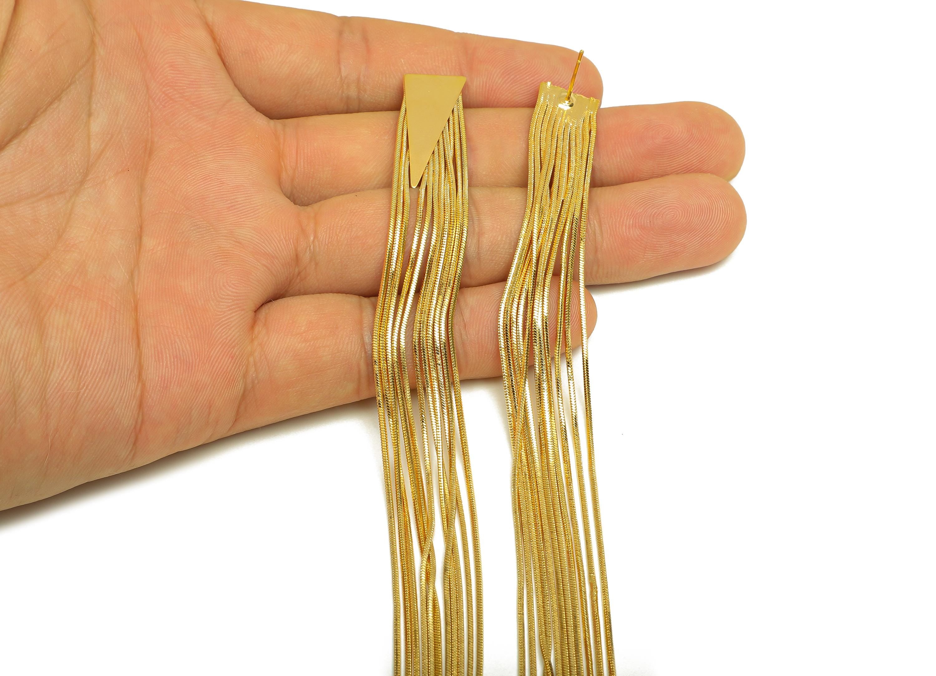Brass Tassel Earring Stud - Brass Triangle Tassel Earring Post - Geometry Snake Chain Post - 18K Real Gold Plated - 178x10x1.44mm - RGP7503 - DOMEDBAZAAR