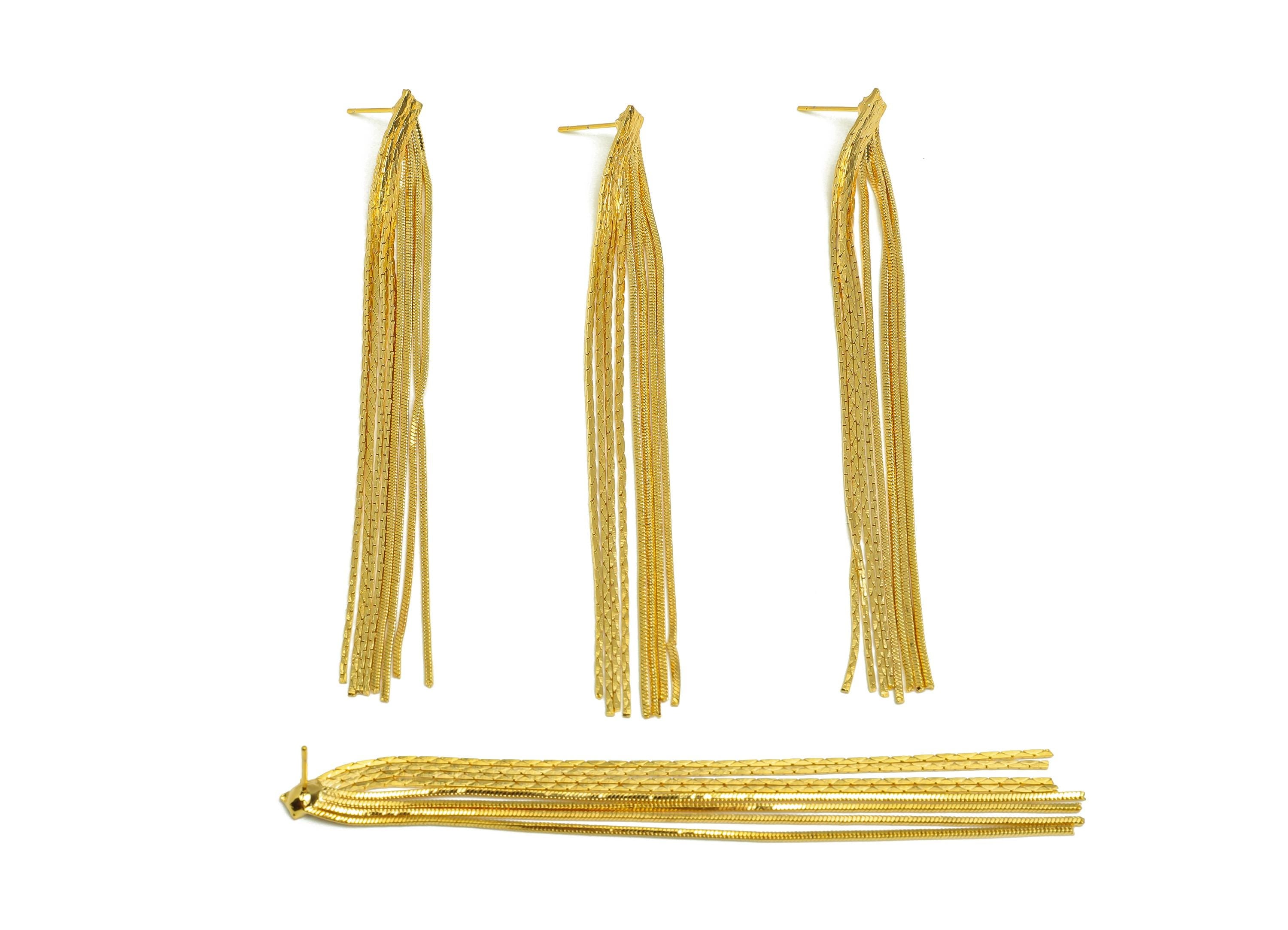 Brass Tassel Earring Stud - Brass Tassel Earring Post - Brass Snake Chian Tassel Earring Post - 18K Real Gold Plated - 100x7x1.68mm -RGP7527 - DOMEDBAZAAR