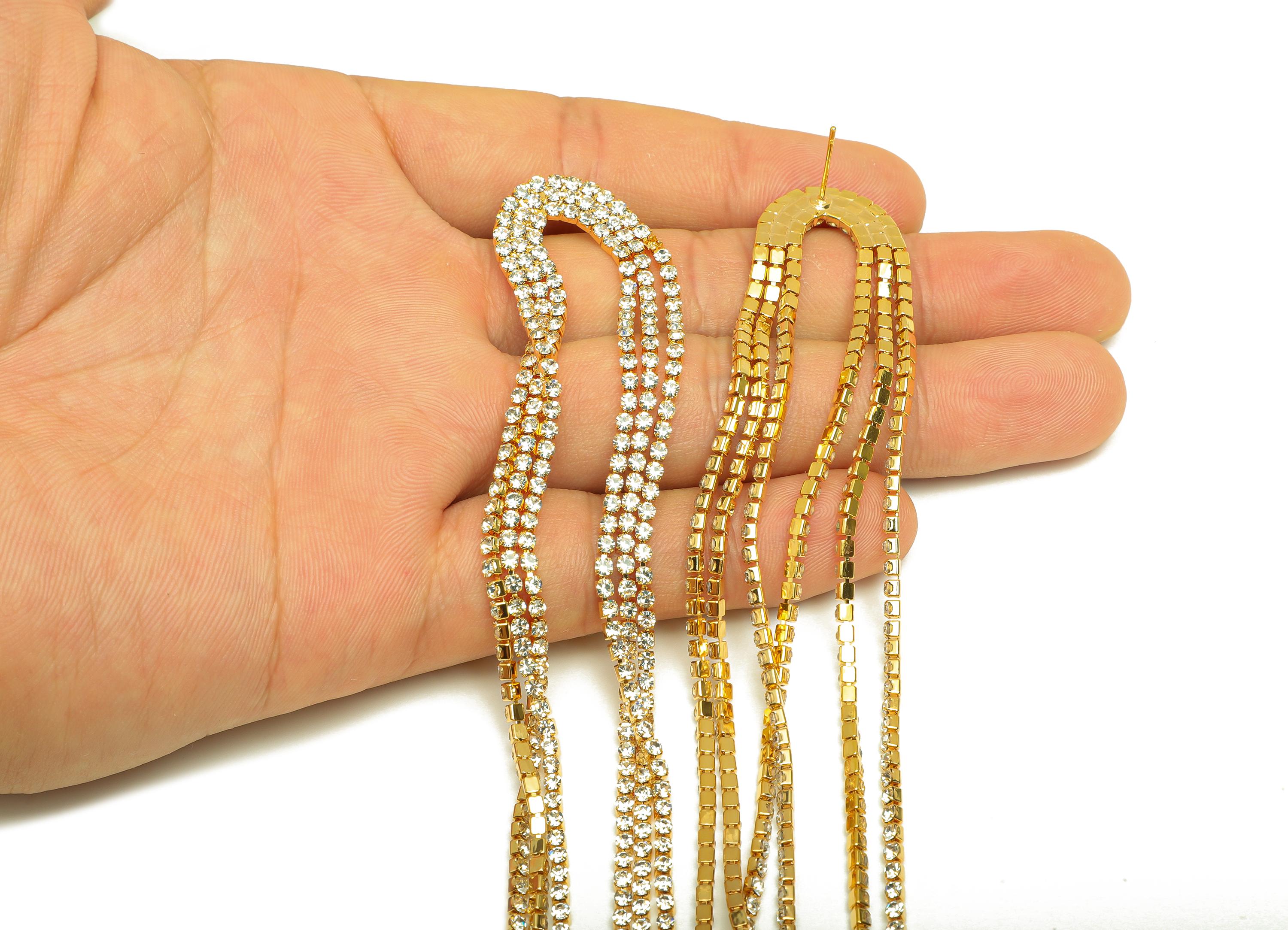 Brass Tassel Earring Stud - Domed Tassel Earring Post - Bridge Zircon Tassel Earring Post - 18K Real Gold Plated - 186x18x2.2mm - RGP7511 - DOMEDBAZAAR
