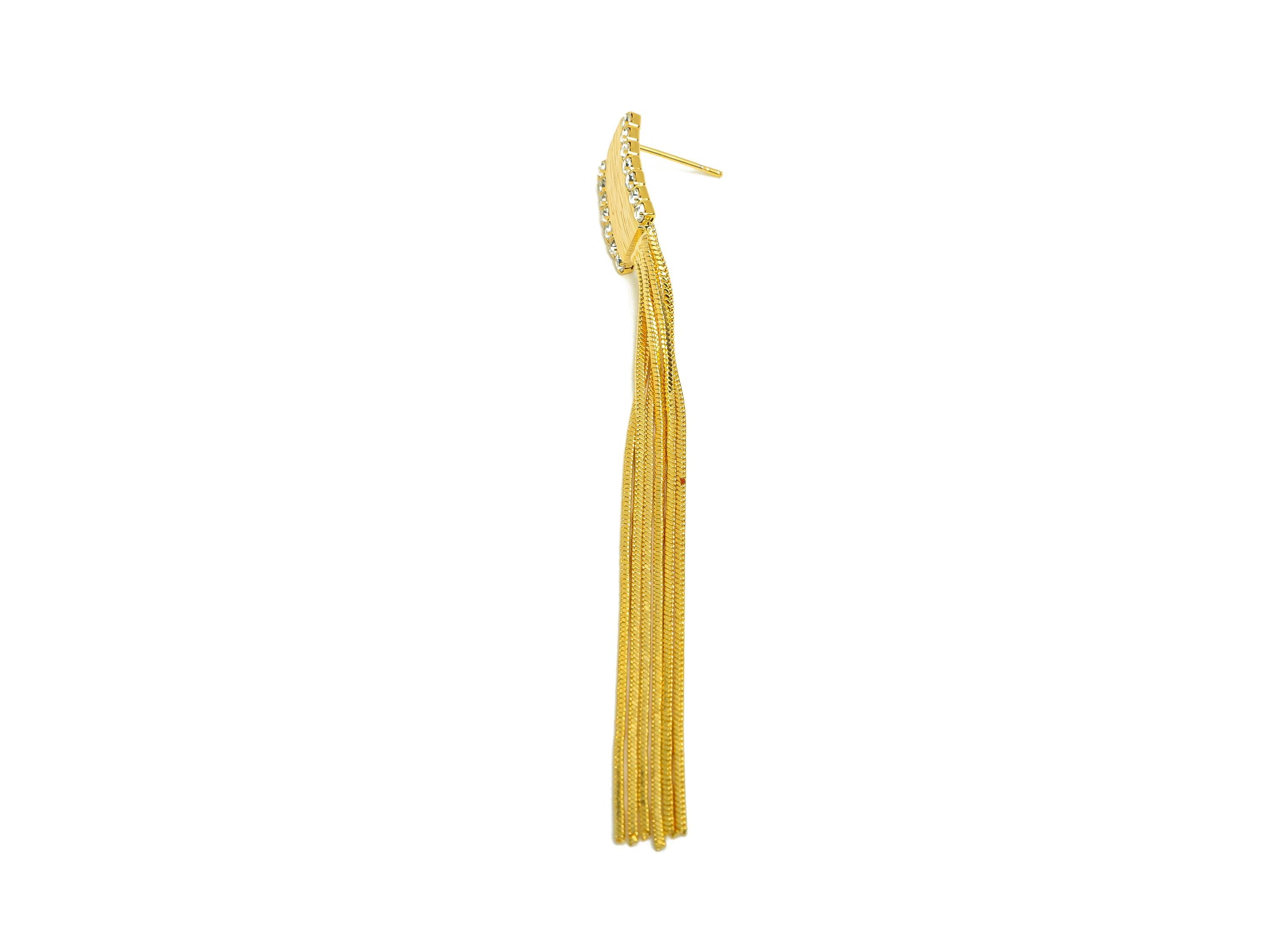 Brass Tassel Earring Stud - Brass Rectangle Earring Post - Zircon Snake Chain Tassel Post - 18K Real Gold Plated - 87x10x2.02mm - RGP7529 - DOMEDBAZAAR