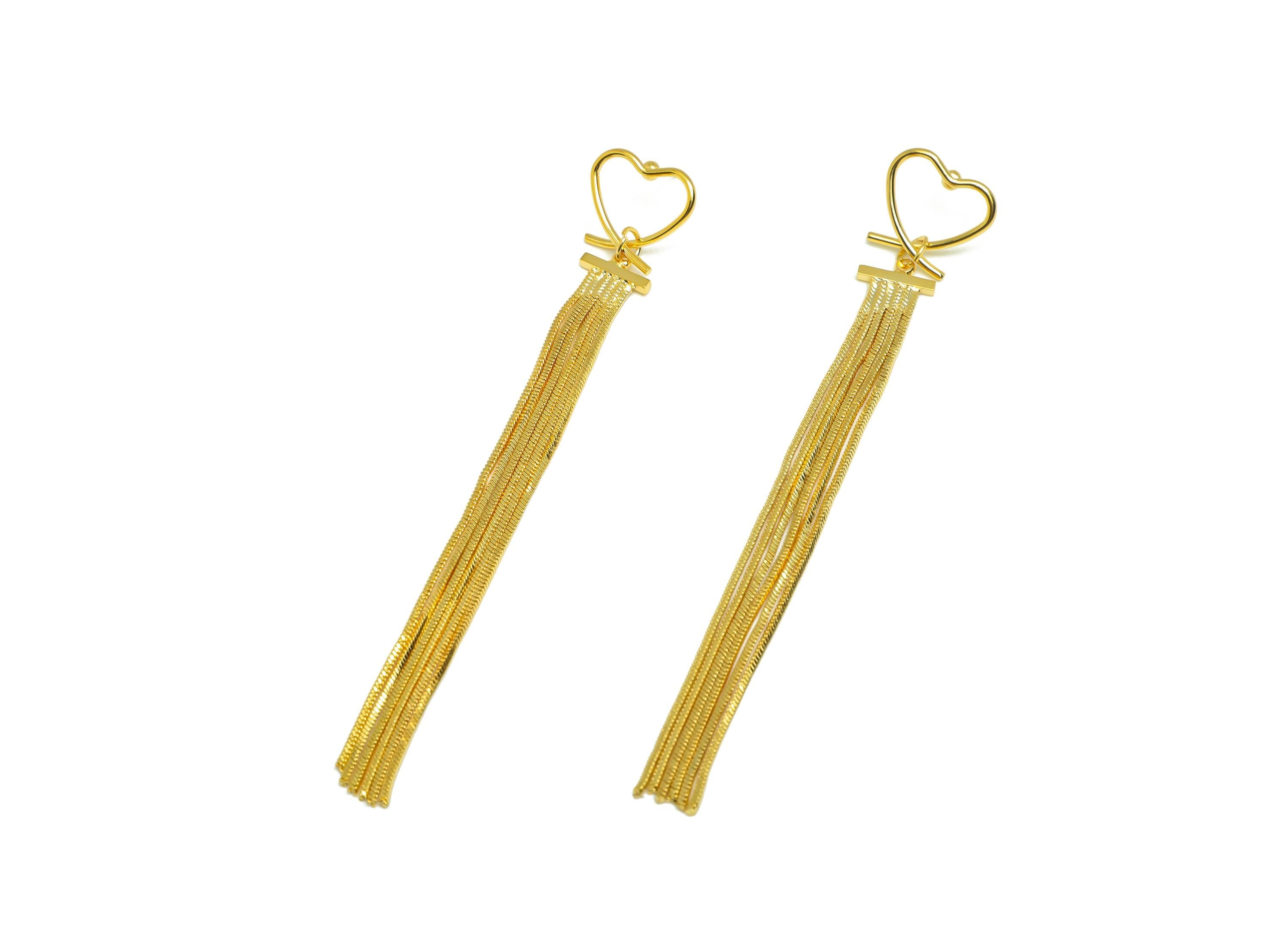 Brass Tassel Earring Stud - Brass Heart Tassel Earring Post - Heart Wire Snake Chain Post - 18K Real Gold Plated - 99.9x1.5x1.34mm - RGP7523 - DOMEDBAZAAR