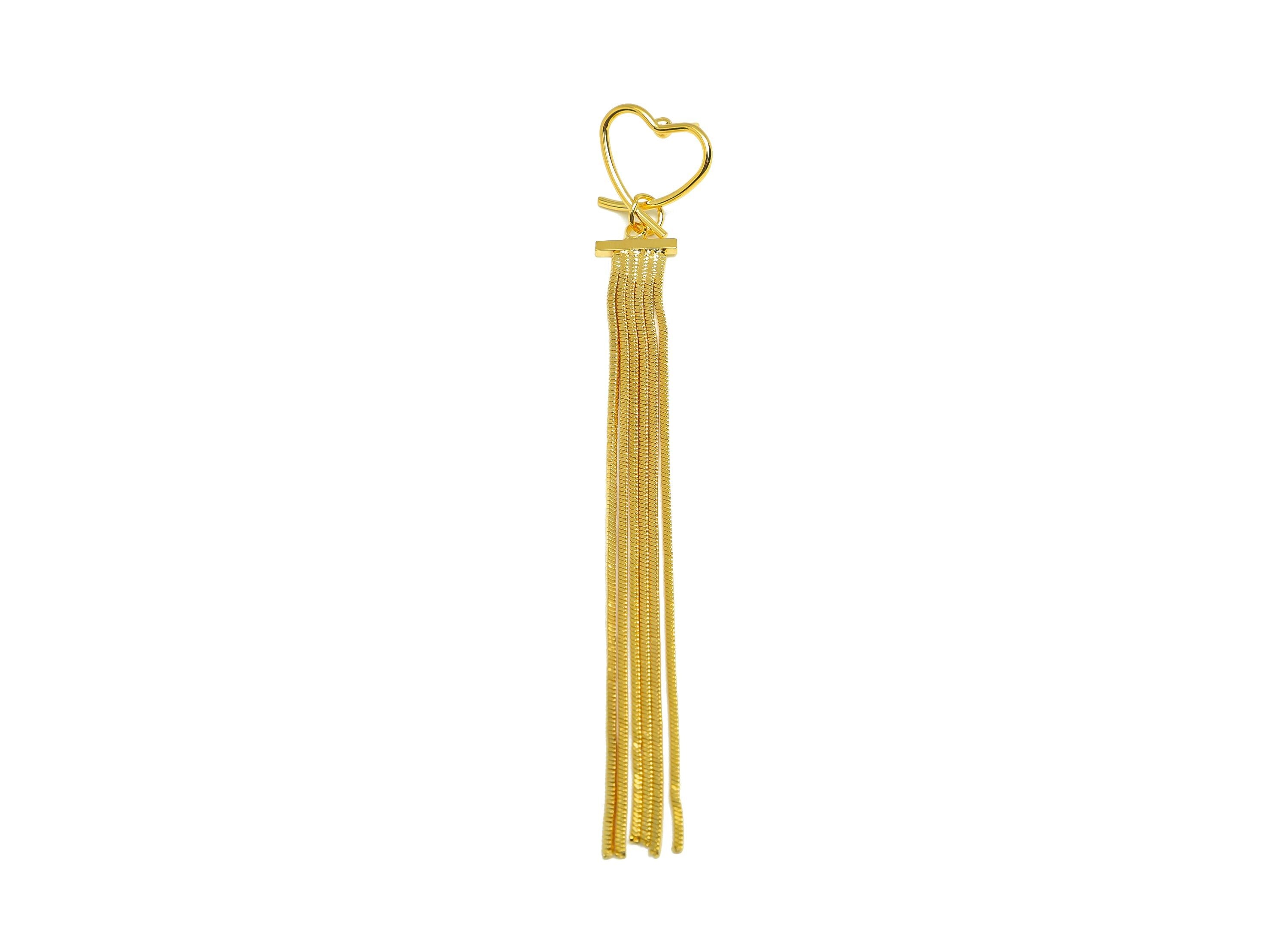 Brass Tassel Earring Stud - Brass Heart Tassel Earring Post - Heart Wire Snake Chain Post - 18K Real Gold Plated - 99.9x1.5x1.34mm - RGP7523 - DOMEDBAZAAR