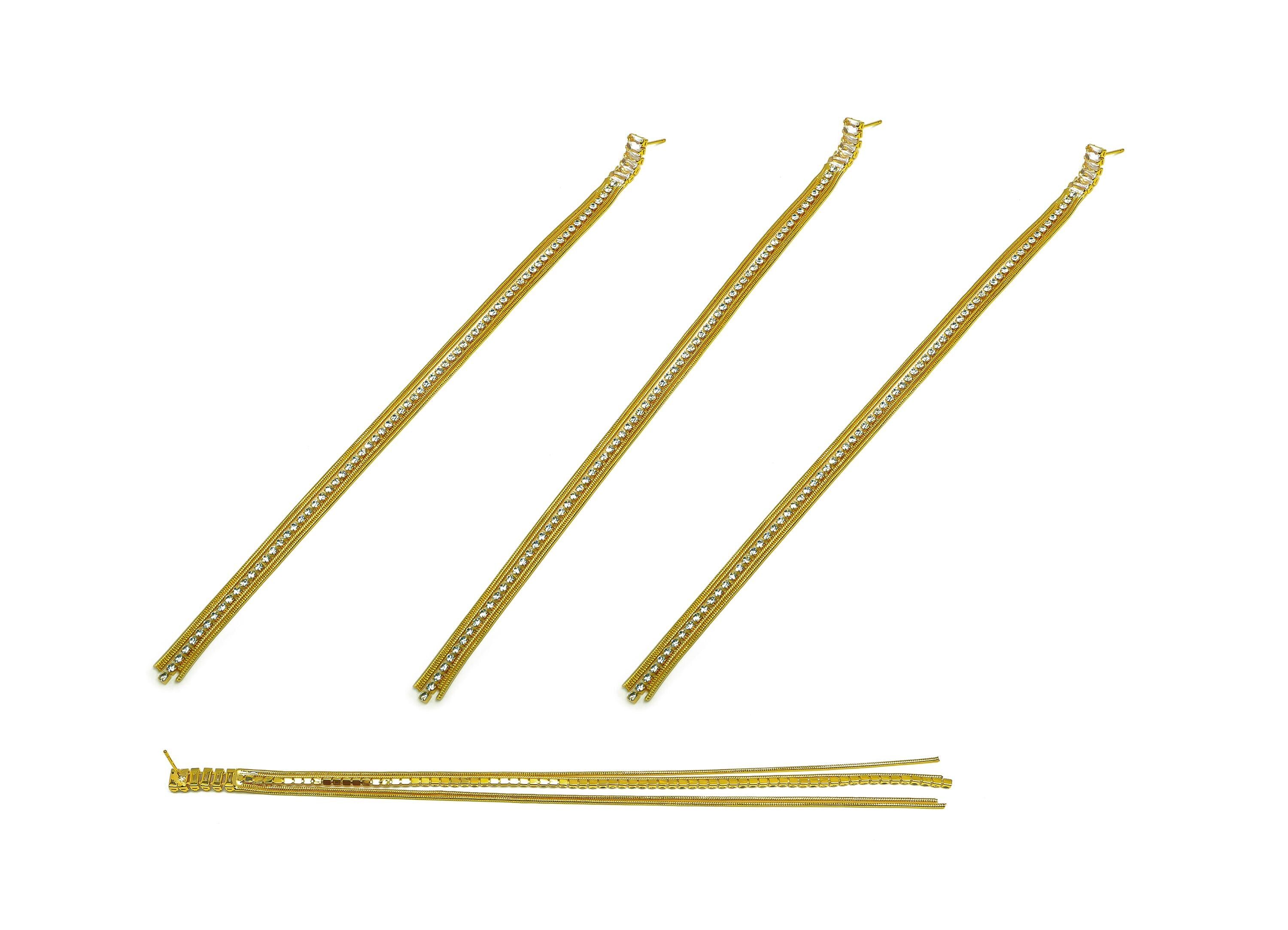 Brass Tassel Earring Stud - Rectangle Tassel Earring Post - Brass Zircon Long Snake Chian Post - 18K Real Gold Plated - 190x5x2mm - RGP7507 - DOMEDBAZAAR