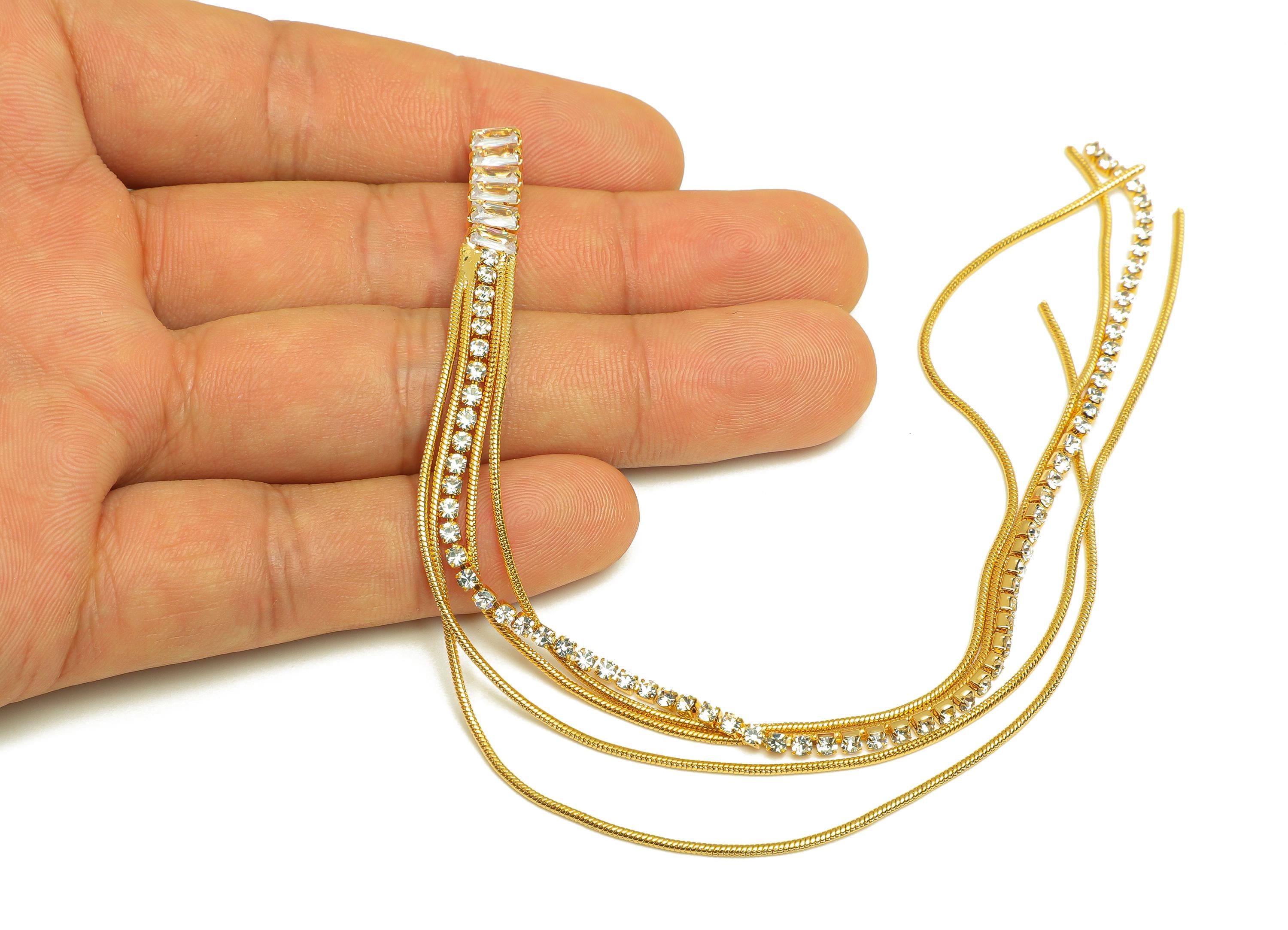 Brass Tassel Earring Stud - Rectangle Tassel Earring Post - Brass Zircon Long Snake Chian Post - 18K Real Gold Plated - 190x5x2mm - RGP7507 - DOMEDBAZAAR