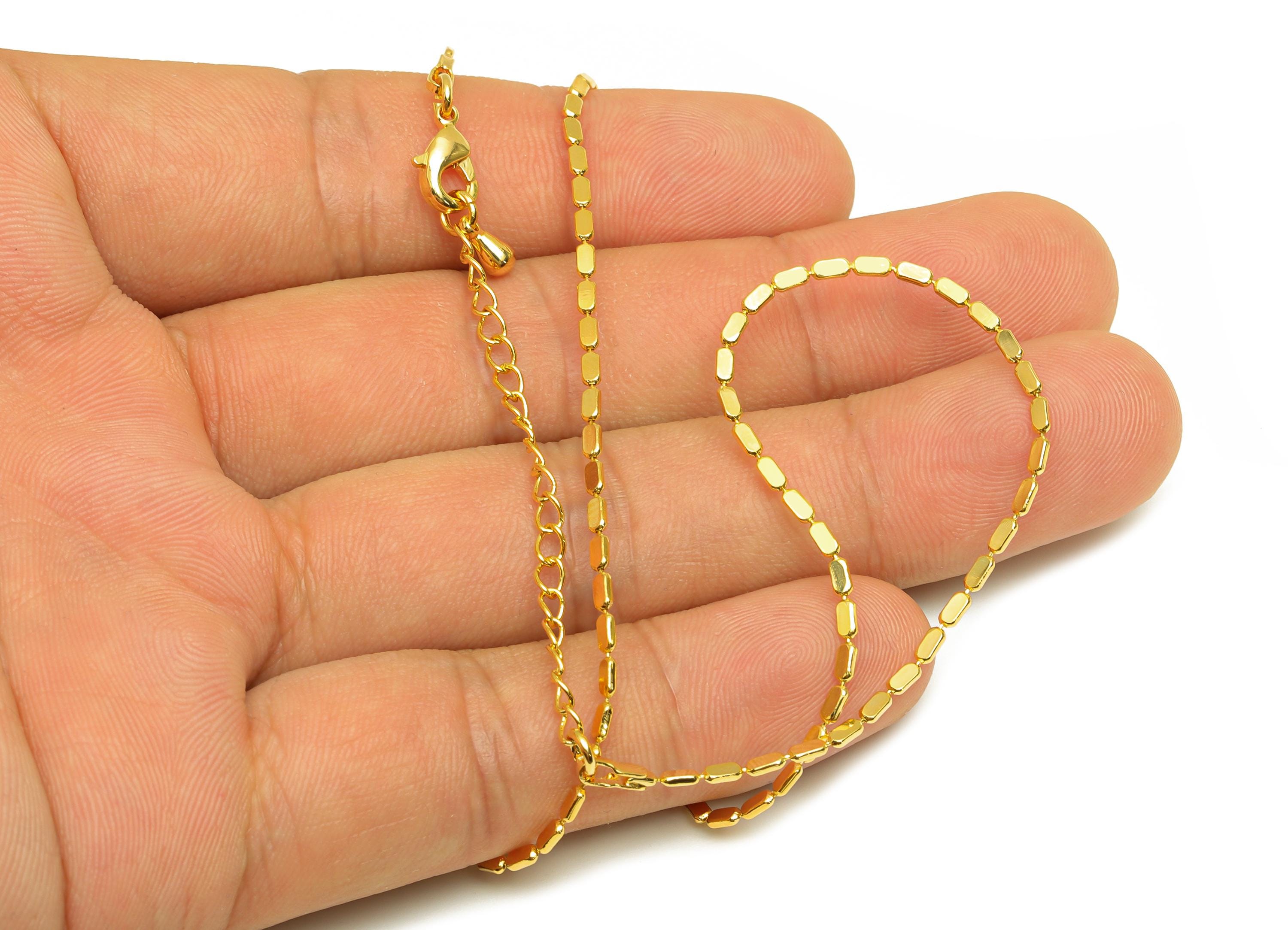 3.2x1.5mm Beaded Finished Chain - Gold 42.5+6cm Beaded Chain - Brass Flat Rectangular Bead Chain -For Necklace-18K Real Gold Plating-RGP7471 - DOMEDBAZAAR