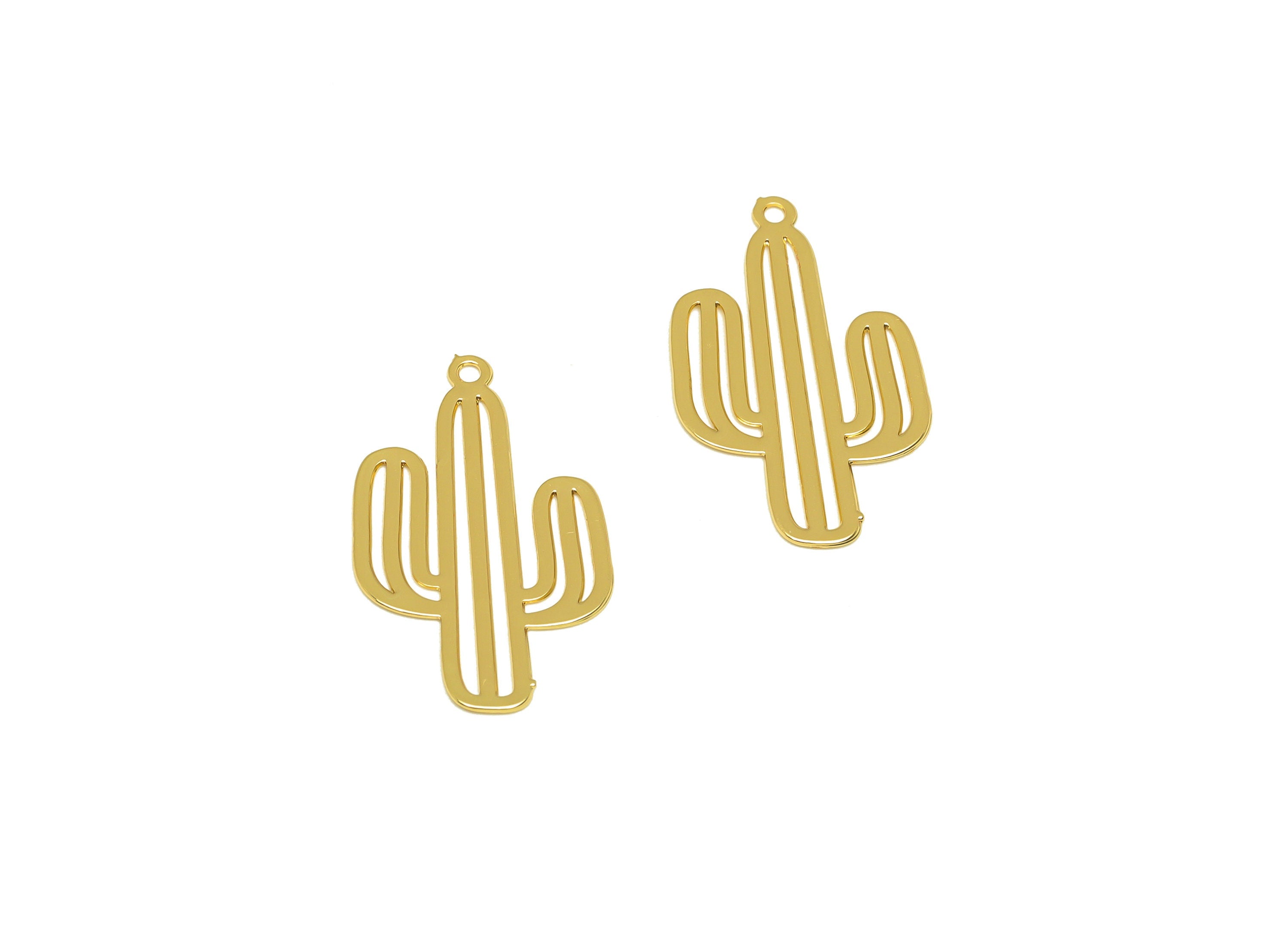 Brass Cactus Earring Charm - Brass Tropical Plants Earring Charm - Brass Botanical Pendant - 18K Real Gold Plating - 22x13x0.43mm- RGP7175 - DOMEDBAZAAR