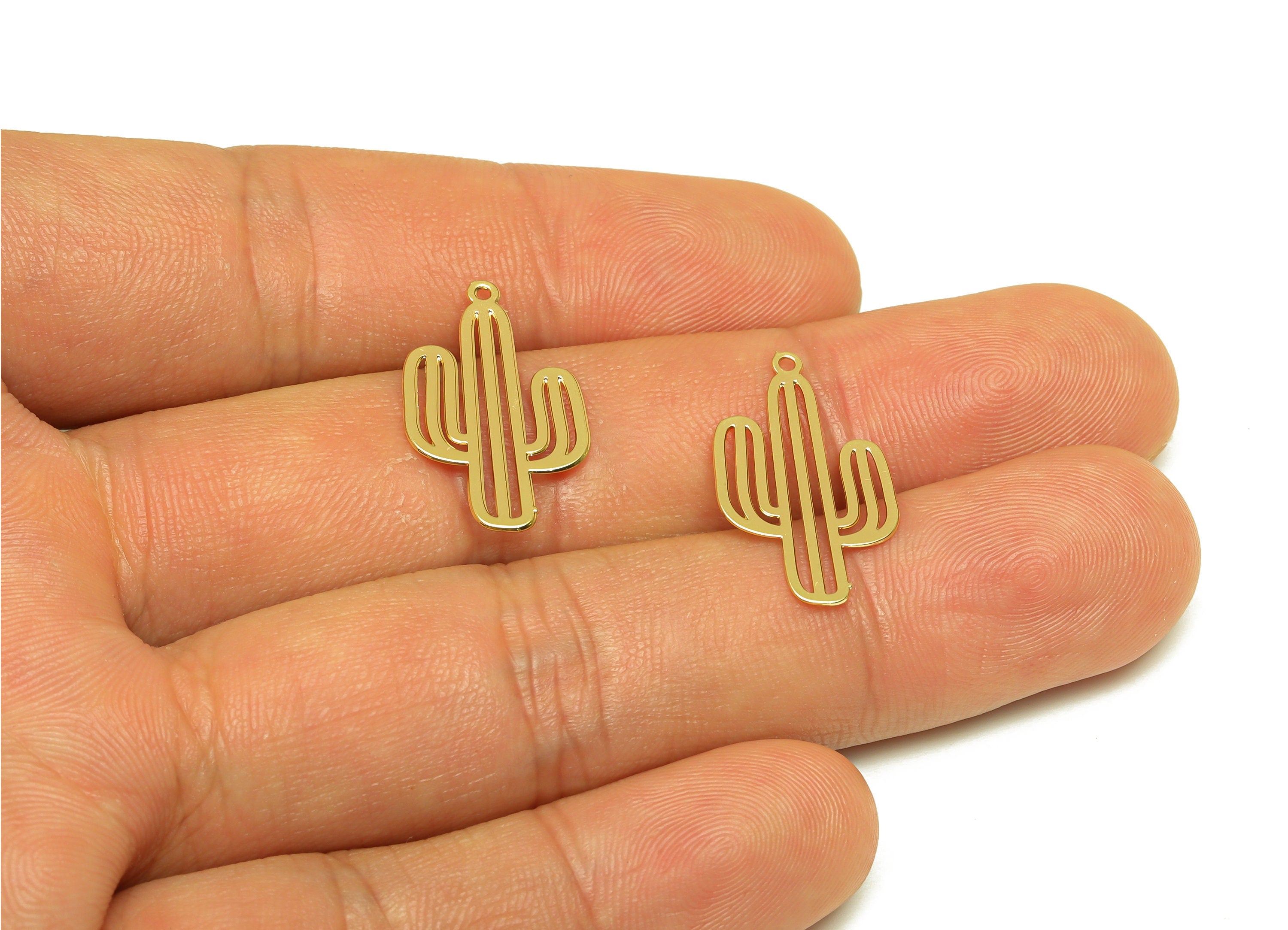Brass Cactus Earring Charm - Brass Tropical Plants Earring Charm - Brass Botanical Pendant - 18K Real Gold Plating - 22x13x0.43mm- RGP7175 - DOMEDBAZAAR