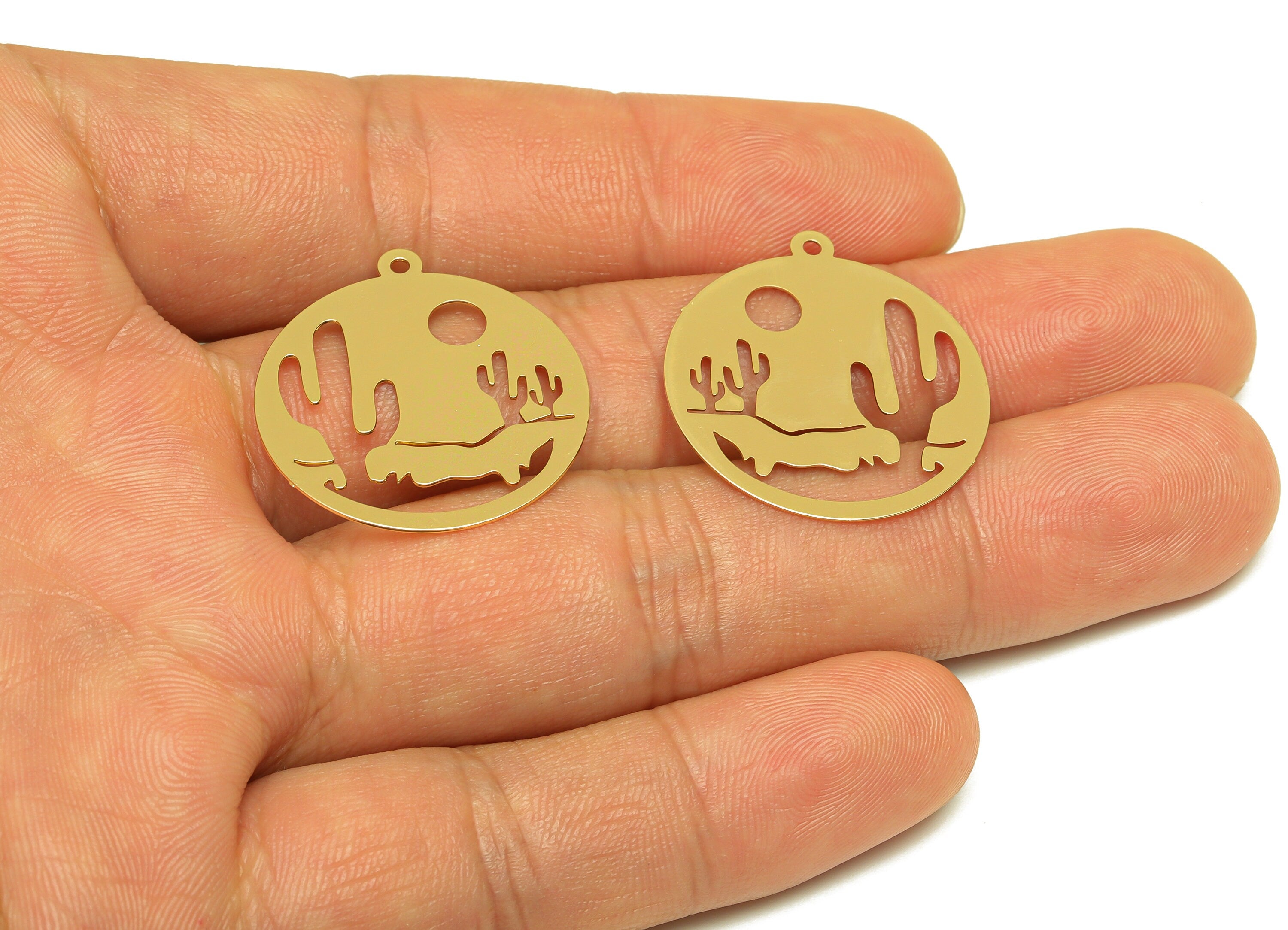Brass Cactus Earring Charm - Brass Tropical Plant Earring Charm - Desert Botanical Pendant - 18K Real Gold Plating - 27x25x0.3mm- RGP7164 - DOMEDBAZAAR