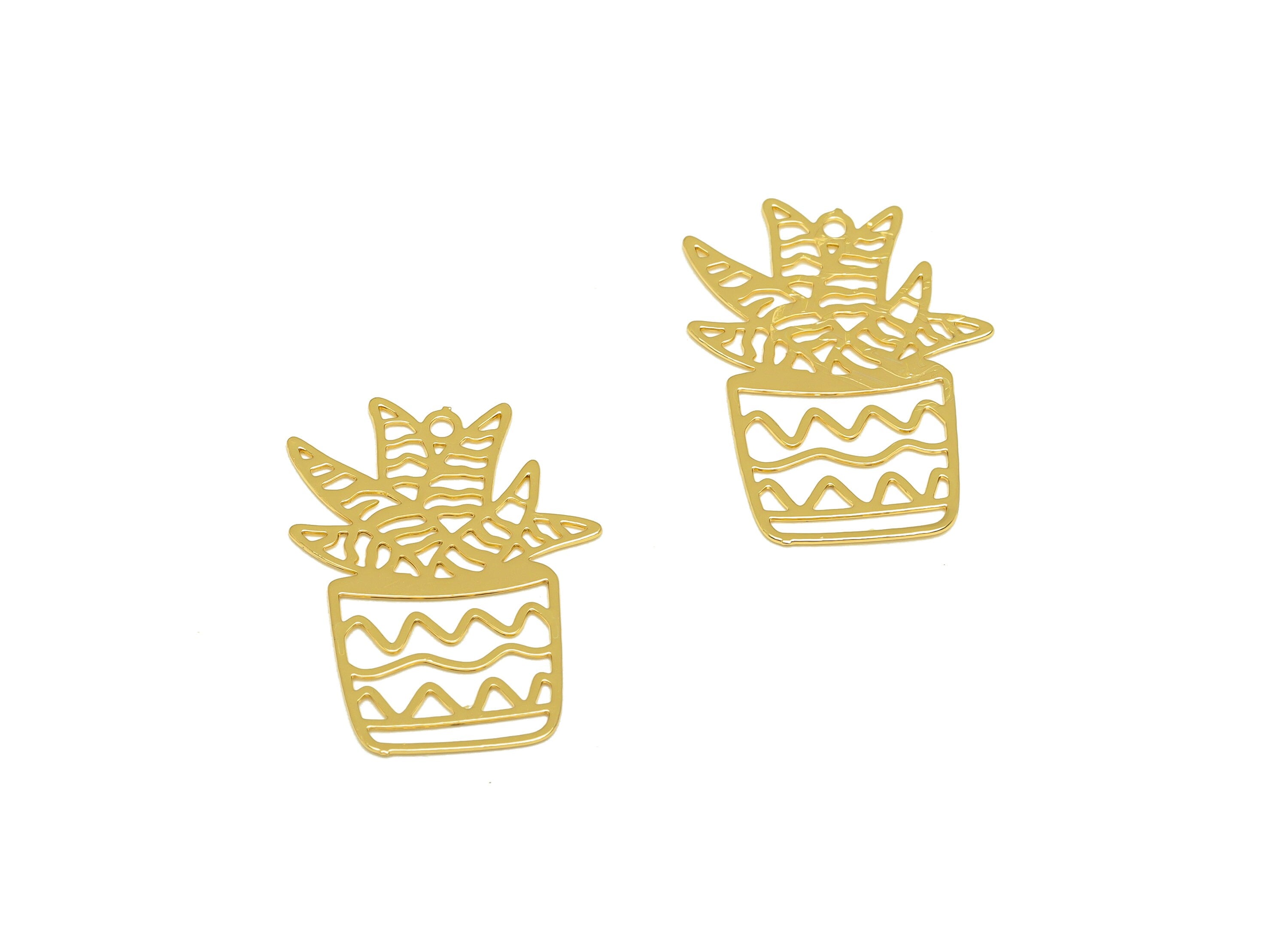 Brass Bouquet Earring Charm - Brass Pattern Wavy Earring Charm - Brass Botanical Pendant - 18K Real Gold Plating -20x15.5x0.35mm - RGP7172 - DOMEDBAZAAR